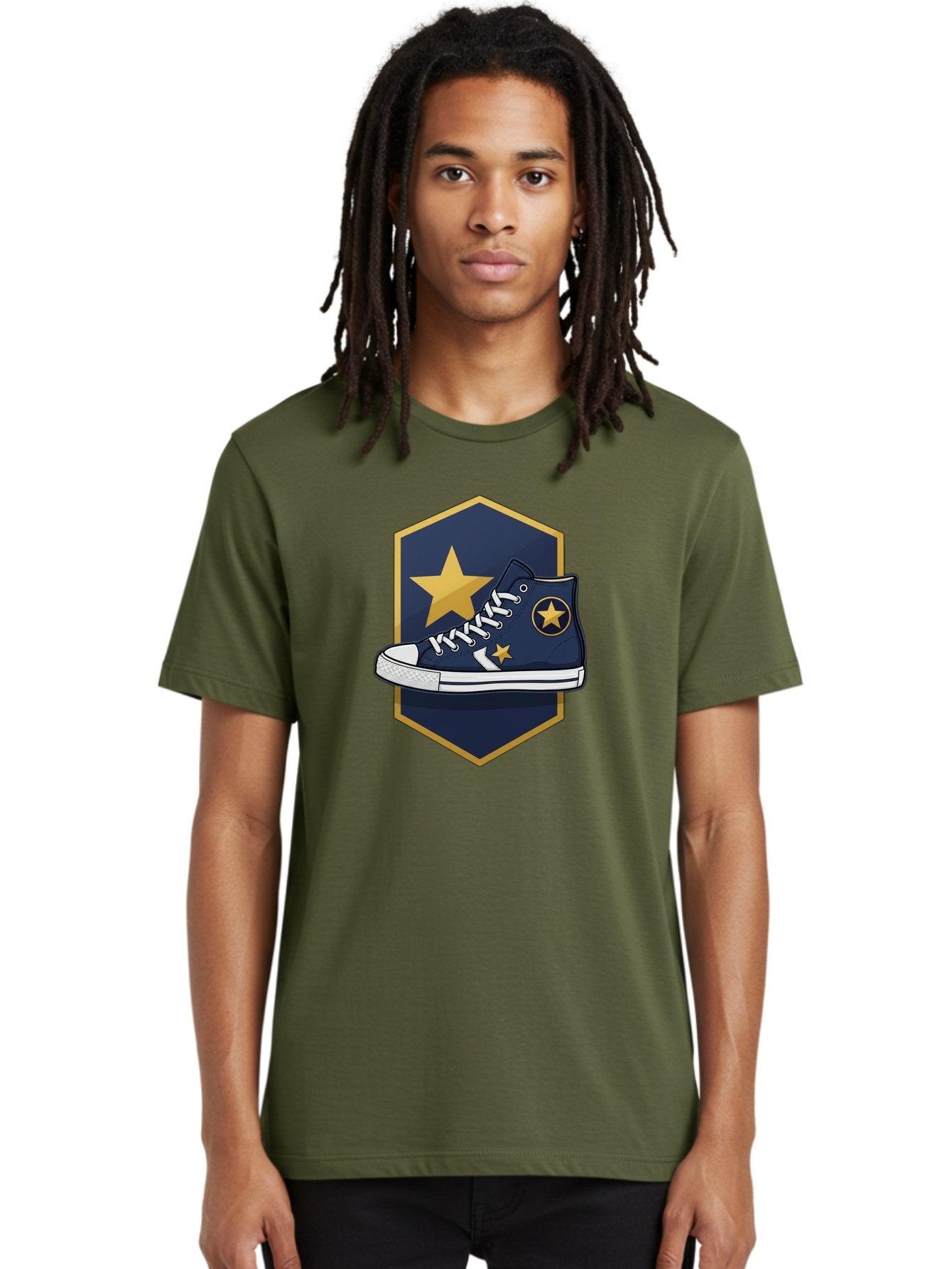 Star-Sneaker Men'S Graphic Tee, 100% Cotton, Comfortable Casual Summer Wear, Machine Washable, Navy Blue Sneaker, White Laces, Yellow Stars, Converse Style, Casual Footwear, Streetwear Fashion, Athletic Shoe, Bold Design, Gold Accents Bab458 17
