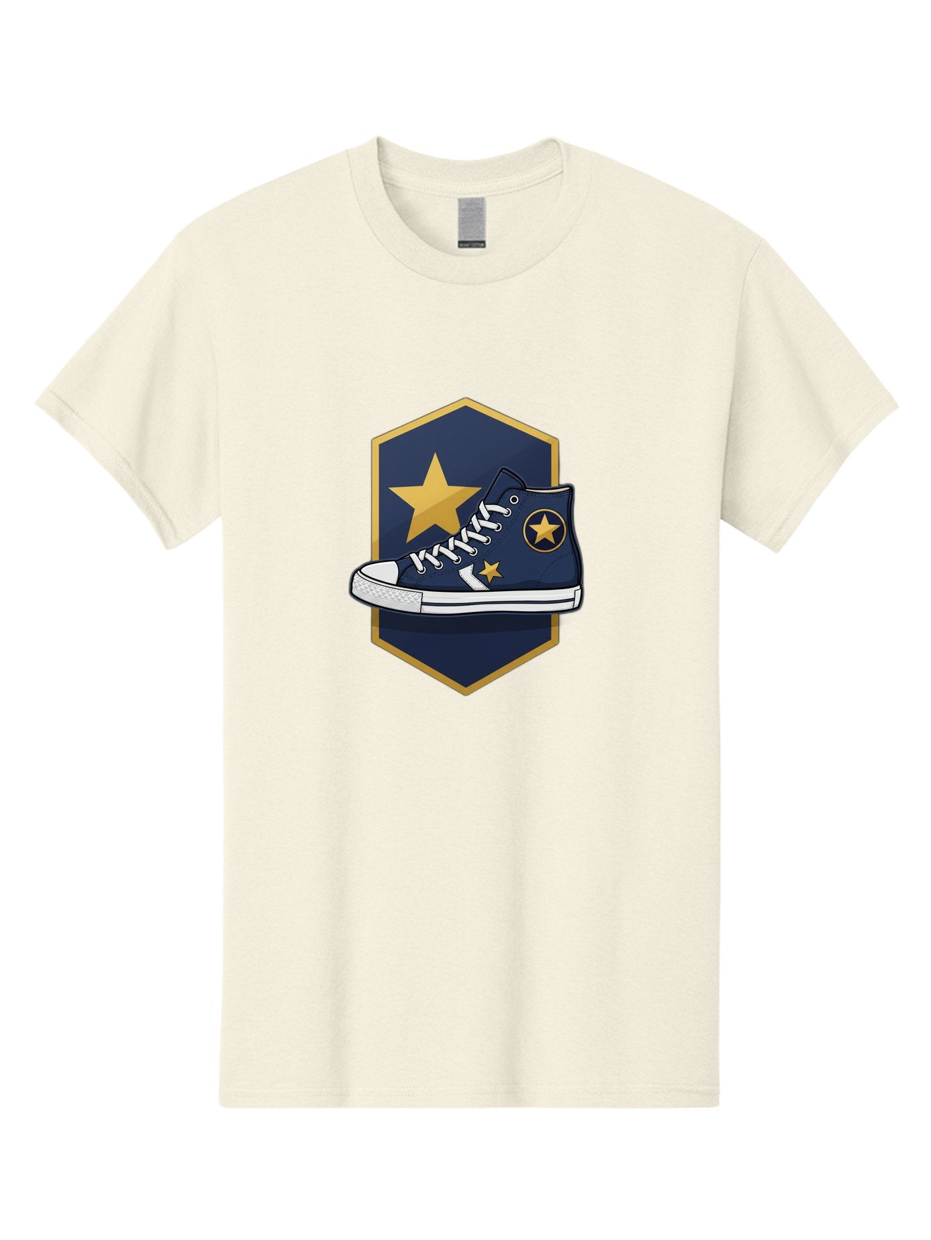 Star-Sneaker Men'S Graphic Tee, 100% Cotton, Comfortable Casual Summer Wear, Machine Washable, Navy Blue Sneaker, White Laces, Yellow Stars, Converse Style, Casual Footwear, Streetwear Fashion, Athletic Shoe, Bold Design, Gold Accents Bab458 3