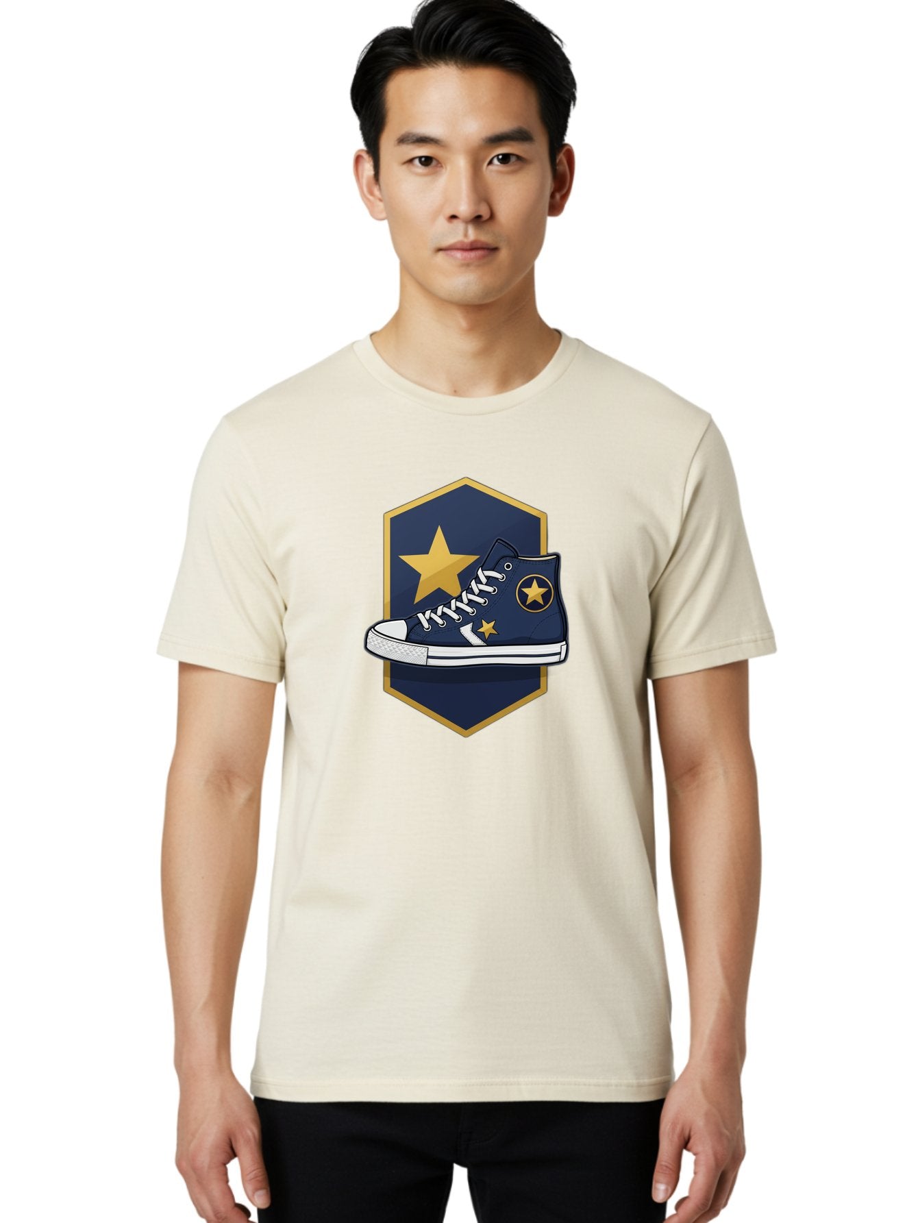 Star-Sneaker Men'S Graphic Tee, 100% Cotton, Comfortable Casual Summer Wear, Machine Washable, Navy Blue Sneaker, White Laces, Yellow Stars, Converse Style, Casual Footwear, Streetwear Fashion, Athletic Shoe, Bold Design, Gold Accents Bab458 22