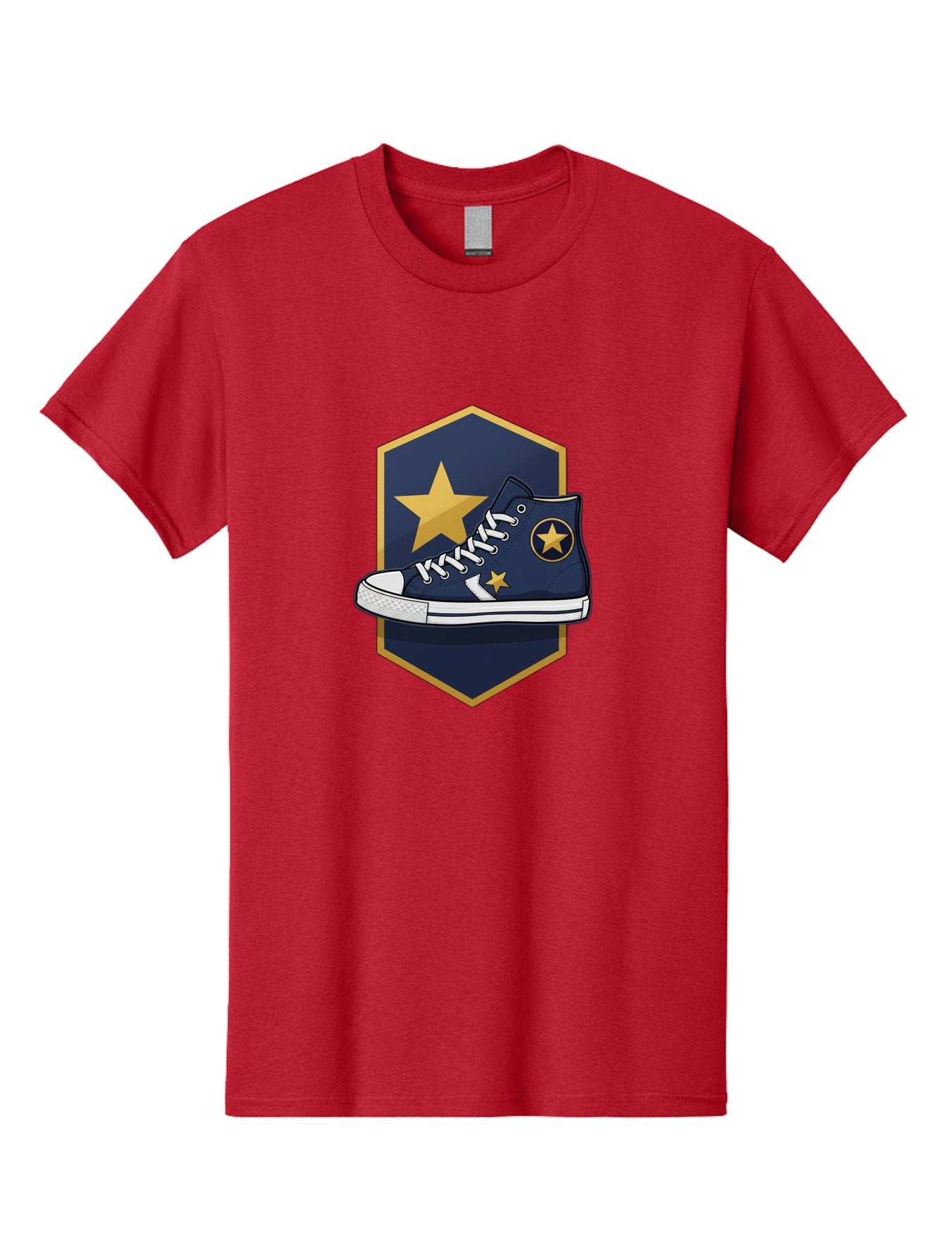 Star-Sneaker Men'S Graphic Tee, 100% Cotton, Comfortable Casual Summer Wear, Machine Washable, Navy Blue Sneaker, White Laces, Yellow Stars, Converse Style, Casual Footwear, Streetwear Fashion, Athletic Shoe, Bold Design, Gold Accents Bab458 13