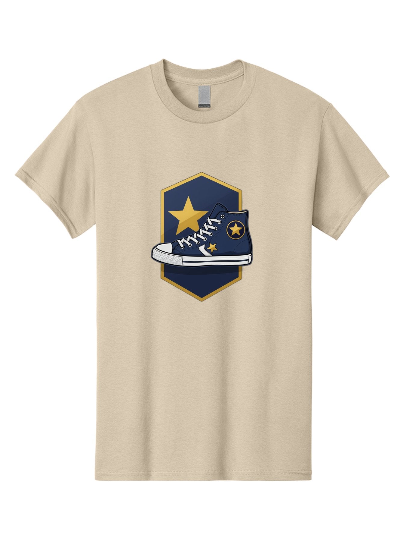 Star-Sneaker Men'S Graphic Tee, 100% Cotton, Comfortable Casual Summer Wear, Machine Washable, Navy Blue Sneaker, White Laces, Yellow Stars, Converse Style, Casual Footwear, Streetwear Fashion, Athletic Shoe, Bold Design, Gold Accents Bab458