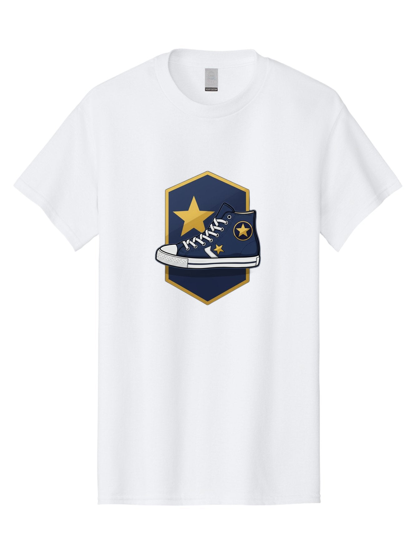 Star-Sneaker Men'S Graphic Tee, 100% Cotton, Comfortable Casual Summer Wear, Machine Washable, Navy Blue Sneaker, White Laces, Yellow Stars, Converse Style, Casual Footwear, Streetwear Fashion, Athletic Shoe, Bold Design, Gold Accents Bab458 14