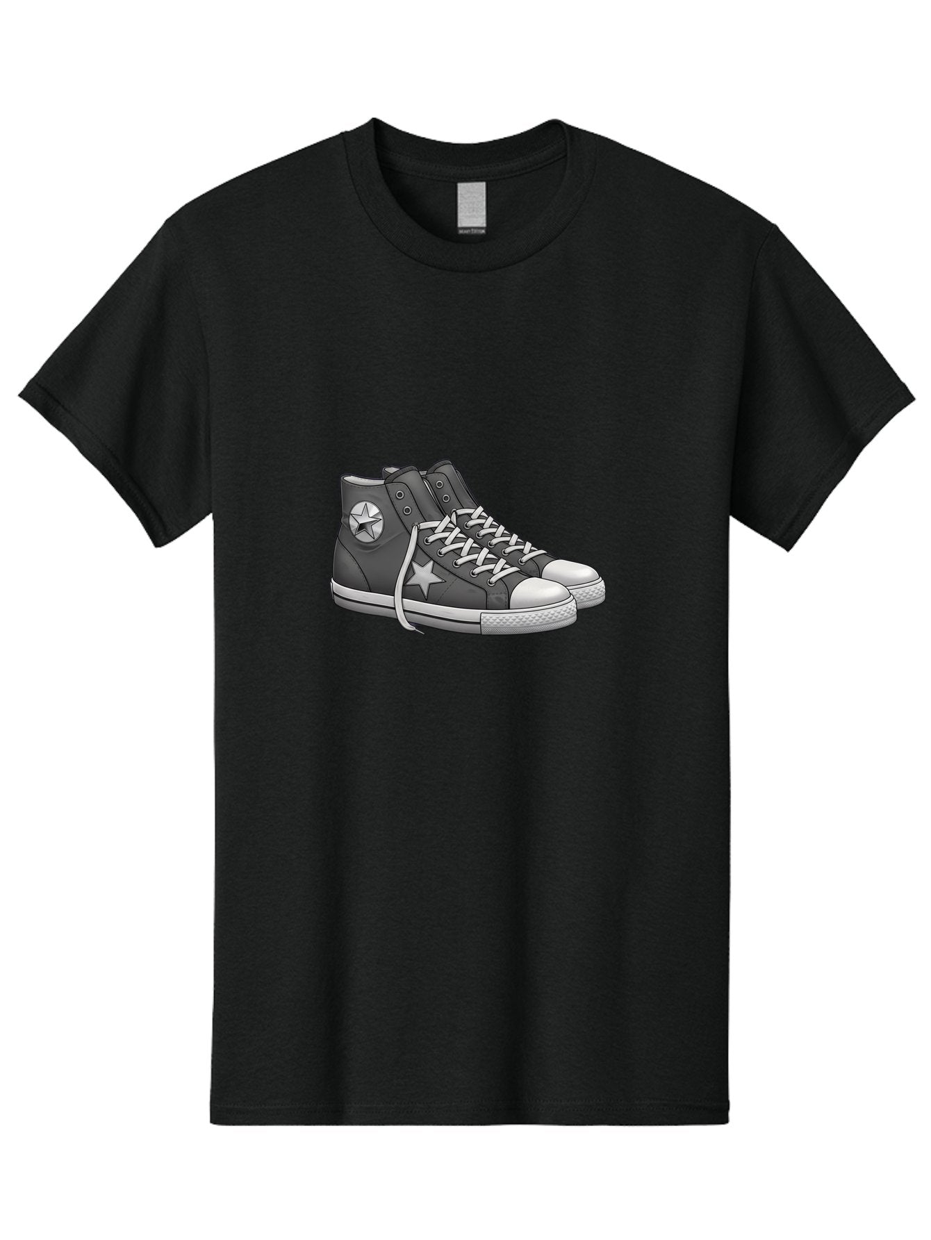 Star-Sneakers Men'S Graphic Tee, 100% Cotton, Comfortable Casual Summer Wear, Machine Washable, Black And White Sneakers, White Star Logo, Casual Footwear, Streetwear Fashion, Athletic Shoes, Minimalist Design, Converse Style Bab459