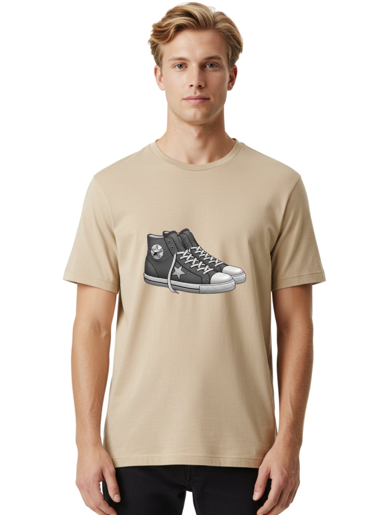 Star-Sneakers Men'S Graphic Tee, 100% Cotton, Comfortable Casual Summer Wear, Machine Washable, Black And White Sneakers, White Star Logo, Casual Footwear, Streetwear Fashion, Athletic Shoes, Minimalist Design, Converse Style Bab459 29