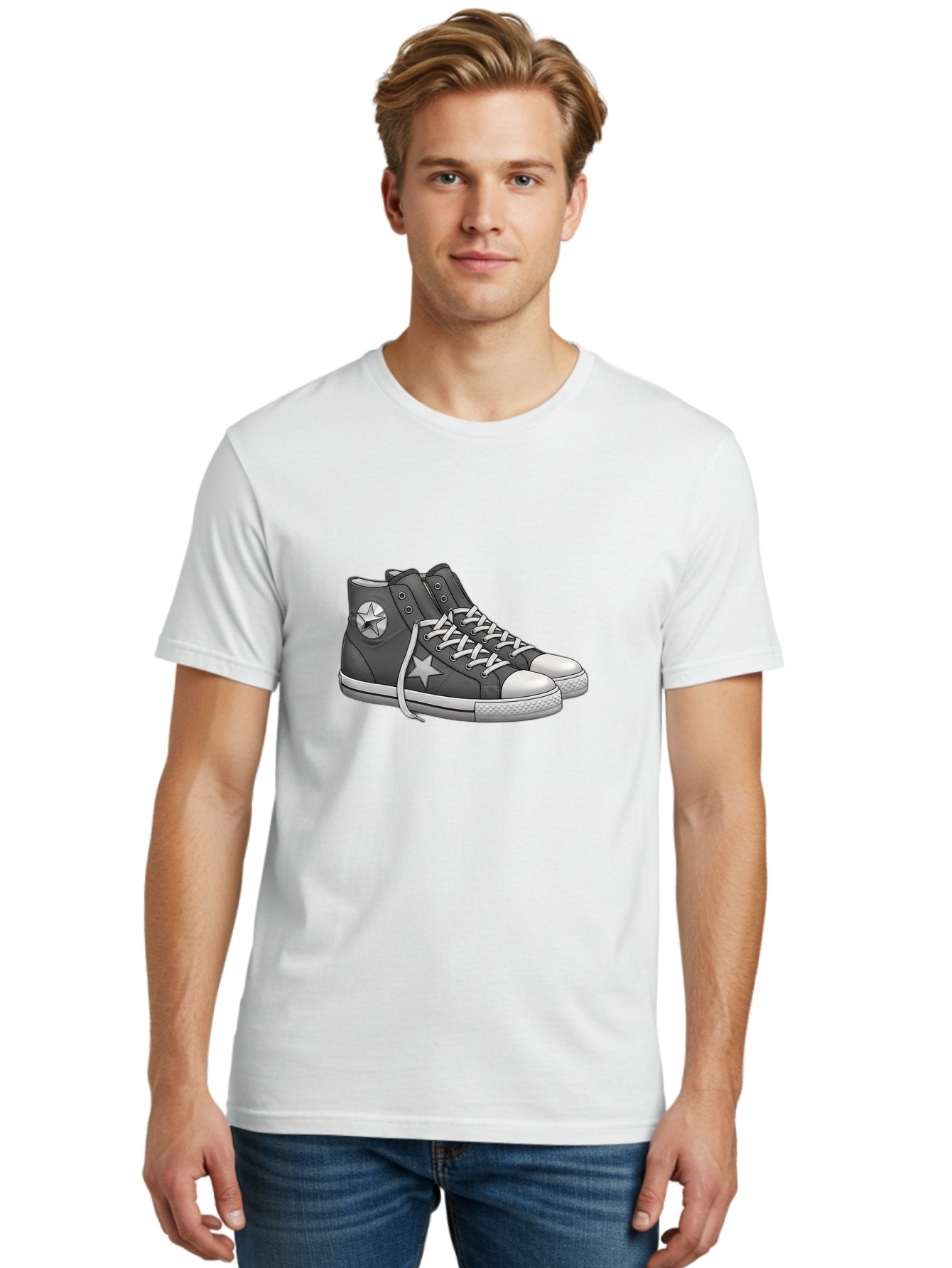 Star-Sneakers Men'S Graphic Tee, 100% Cotton, Comfortable Casual Summer Wear, Machine Washable, Black And White Sneakers, White Star Logo, Casual Footwear, Streetwear Fashion, Athletic Shoes, Minimalist Design, Converse Style Bab459 18