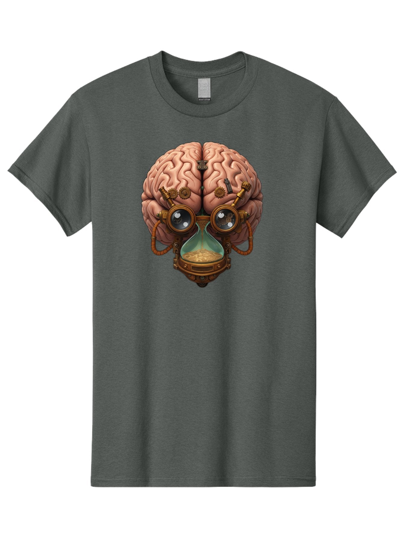 Steampunk-Brain Men'S Graphic Tee, 100% Cotton, Comfortable Casual Summer Wear, Machine Washable, Steampunk-Inspired Art, Brain With Goggles, Hourglass, Gears, Cogs, Industrial Design, Futuristic Innovation, Surrealism, Creative Imagination, Bab461