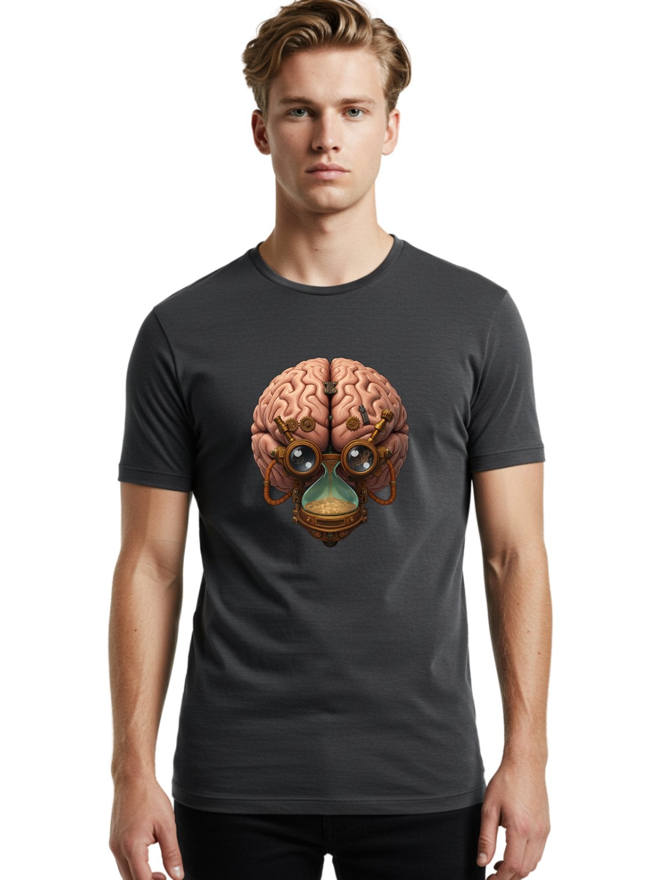 Steampunk-Brain Men'S Graphic Tee, 100% Cotton, Comfortable Casual Summer Wear, Machine Washable, Steampunk-Inspired Art, Brain With Goggles, Hourglass, Gears, Cogs, Industrial Design, Futuristic Innovation, Surrealism, Creative Imagination, Bab461 17