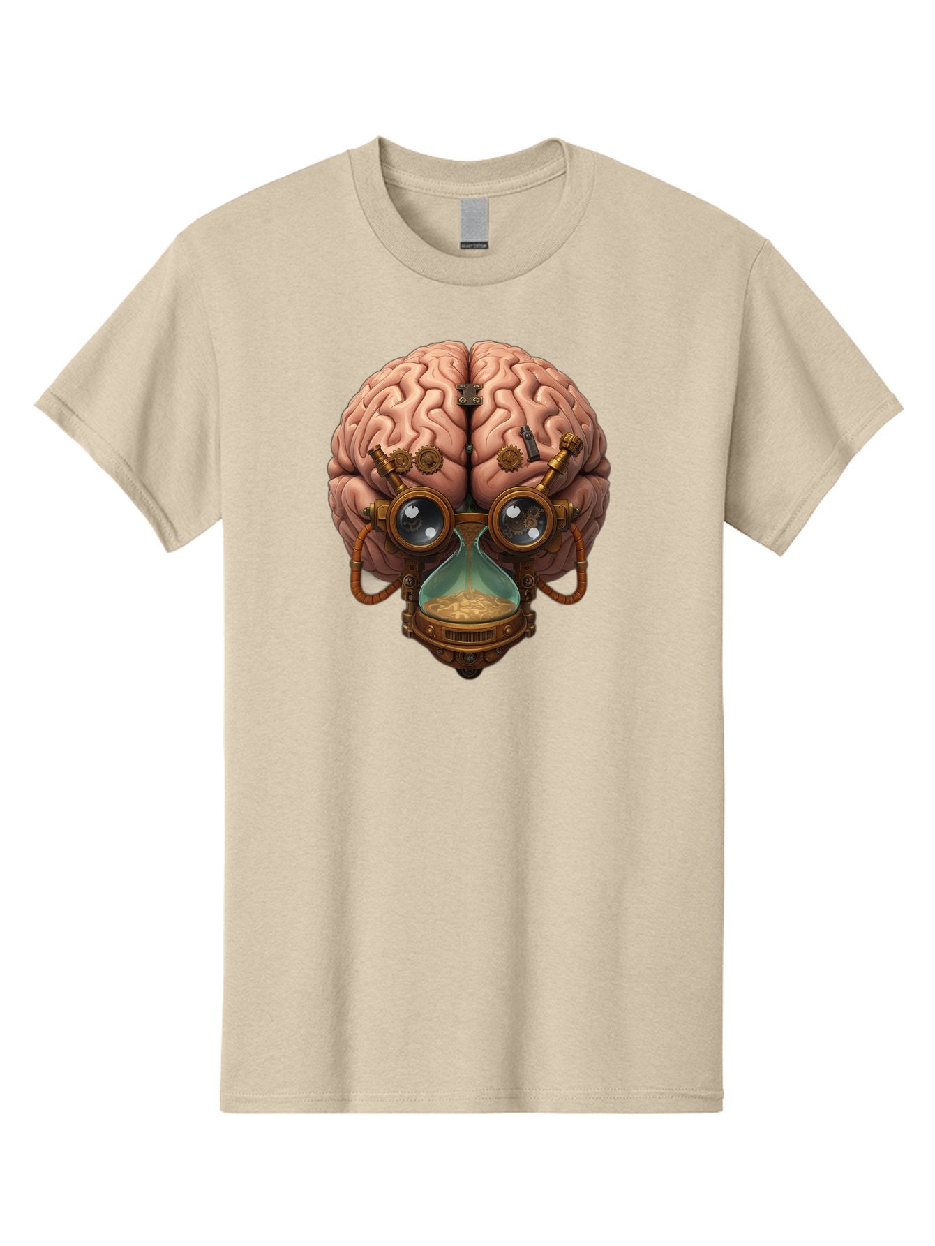 Steampunk-Brain Men'S Graphic Tee, 100% Cotton, Comfortable Casual Summer Wear, Machine Washable, Steampunk-Inspired Art, Brain With Goggles, Hourglass, Gears, Cogs, Industrial Design, Futuristic Innovation, Surrealism, Creative Imagination, Bab461