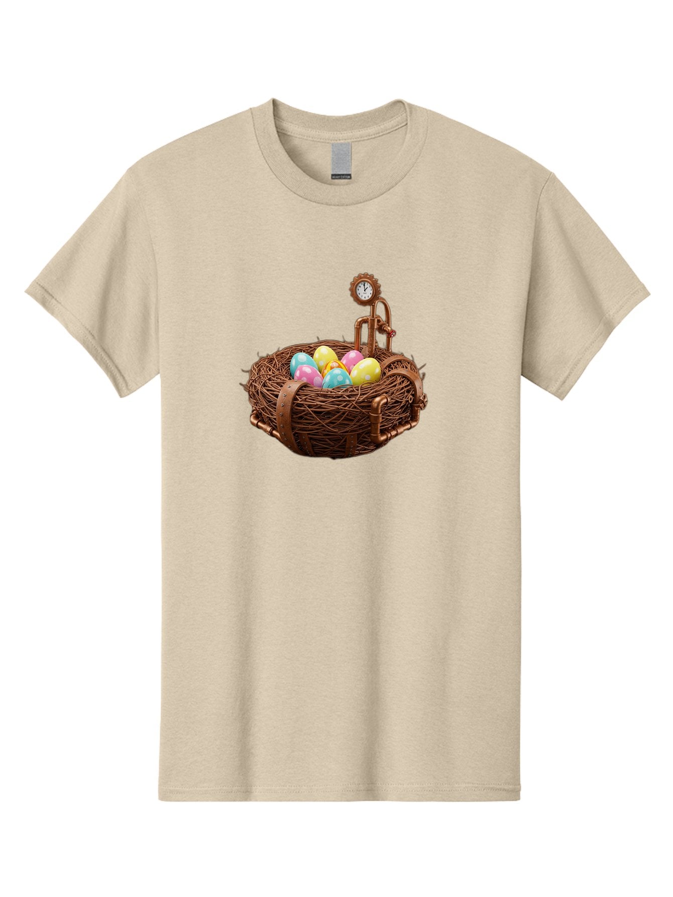 Steampunk-Nest Men'S Graphic Tee, 100% Cotton, Comfortable Casual Summer Wear, Machine Washable, Steampunk Nest, Copper Clock, Pastel Eggs, Vintage Timepiece, Industrial Eggs, Unique Clockwork, Quirky Art Bab462