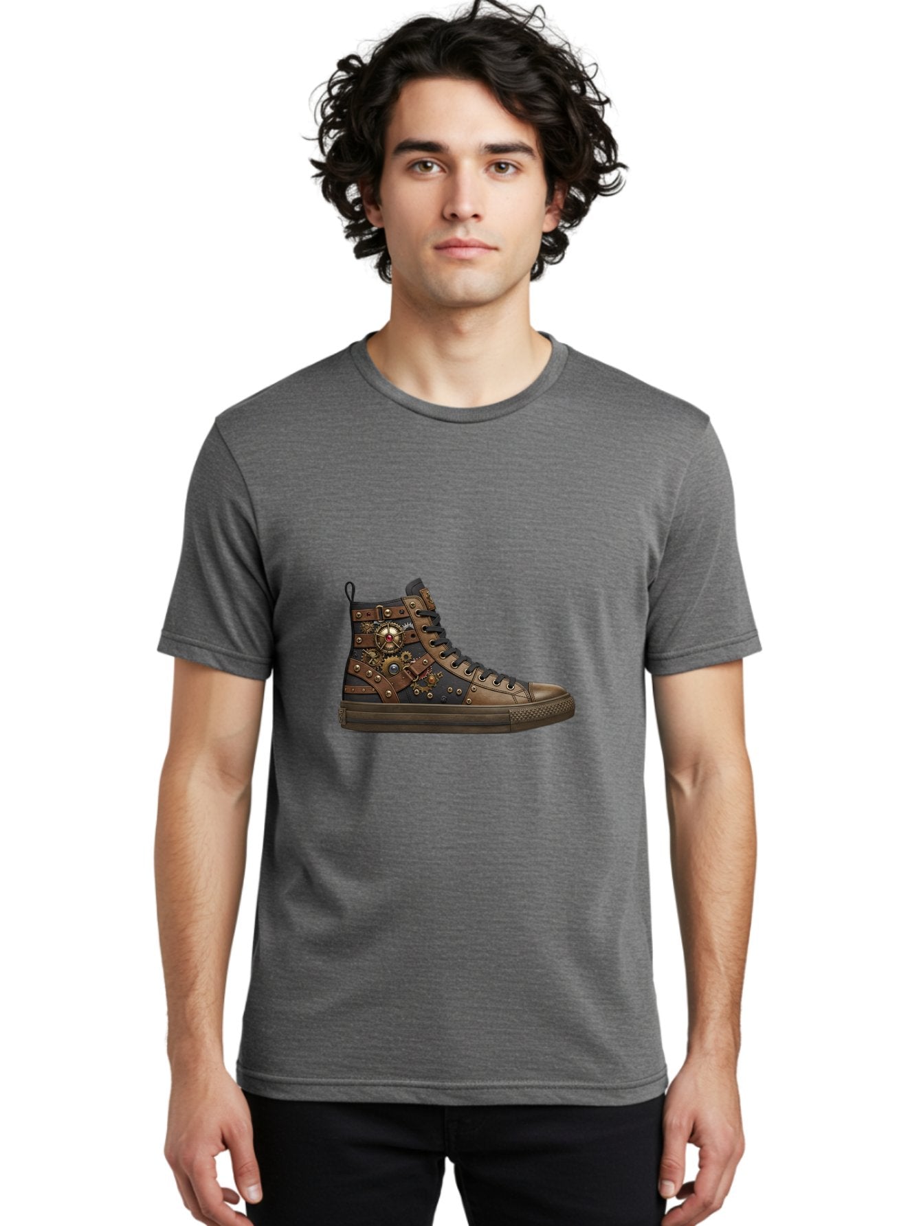 Steampunk-Sneaker Men'S Graphic Tee, 100% Cotton, Comfortable Casual Summer Wear, Machine Washable, Steampunk Fashion, High-Top Sneaker, Leather Accents, Industrial Design, Gear Details, Metal Rivets, Bold Style, Edgy Look, Unique Footwear Bab463 24