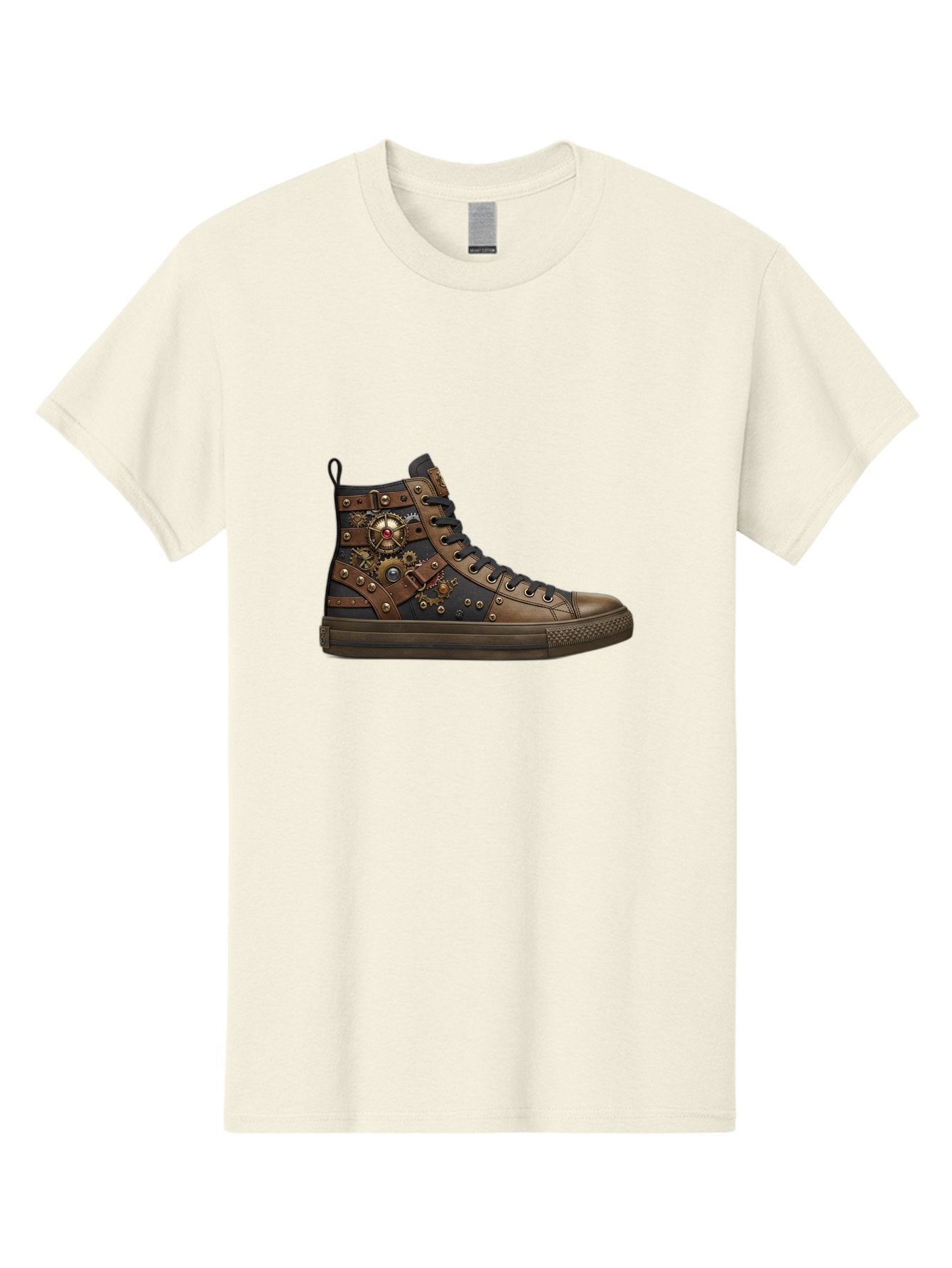 Steampunk-Sneaker Men'S Graphic Tee, 100% Cotton, Comfortable Casual Summer Wear, Machine Washable, Steampunk Fashion, High-Top Sneaker, Leather Accents, Industrial Design, Gear Details, Metal Rivets, Bold Style, Edgy Look, Unique Footwear Bab463 4