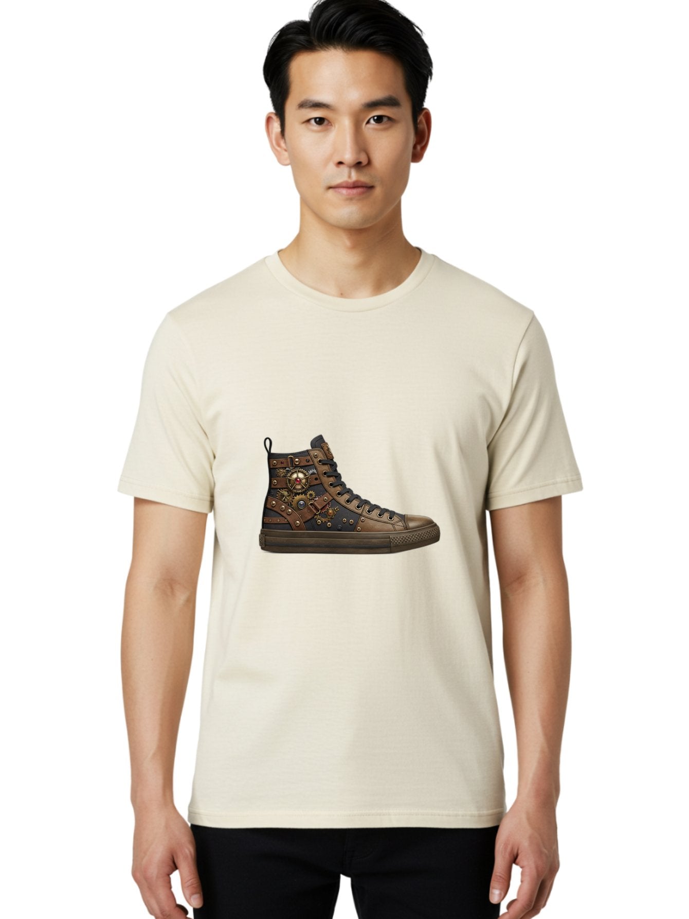 Steampunk-Sneaker Men'S Graphic Tee, 100% Cotton, Comfortable Casual Summer Wear, Machine Washable, Steampunk Fashion, High-Top Sneaker, Leather Accents, Industrial Design, Gear Details, Metal Rivets, Bold Style, Edgy Look, Unique Footwear Bab463 18