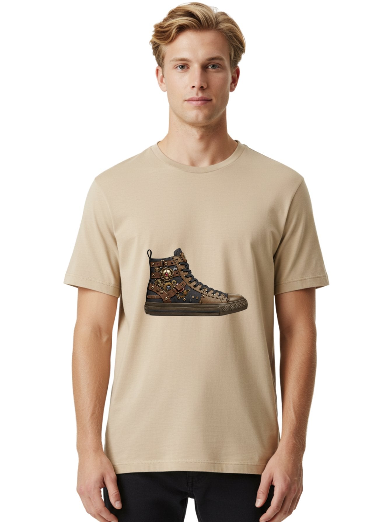 Steampunk-Sneaker Men'S Graphic Tee, 100% Cotton, Comfortable Casual Summer Wear, Machine Washable, Steampunk Fashion, High-Top Sneaker, Leather Accents, Industrial Design, Gear Details, Metal Rivets, Bold Style, Edgy Look, Unique Footwear Bab463 25