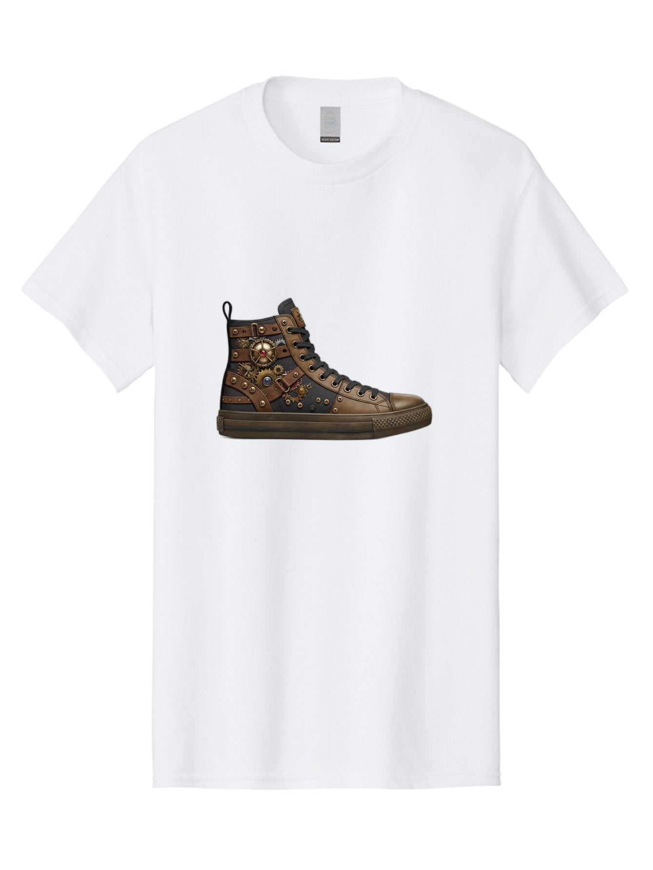 Steampunk-Sneaker Men'S Graphic Tee, 100% Cotton, Comfortable Casual Summer Wear, Machine Washable, Steampunk Fashion, High-Top Sneaker, Leather Accents, Industrial Design, Gear Details, Metal Rivets, Bold Style, Edgy Look, Unique Footwear Bab463