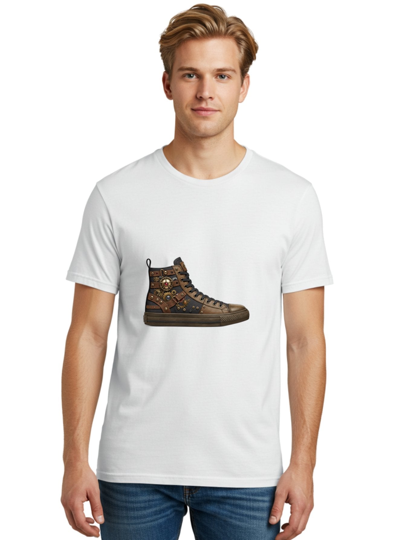 Steampunk-Sneaker Men'S Graphic Tee, 100% Cotton, Comfortable Casual Summer Wear, Machine Washable, Steampunk Fashion, High-Top Sneaker, Leather Accents, Industrial Design, Gear Details, Metal Rivets, Bold Style, Edgy Look, Unique Footwear Bab463 19