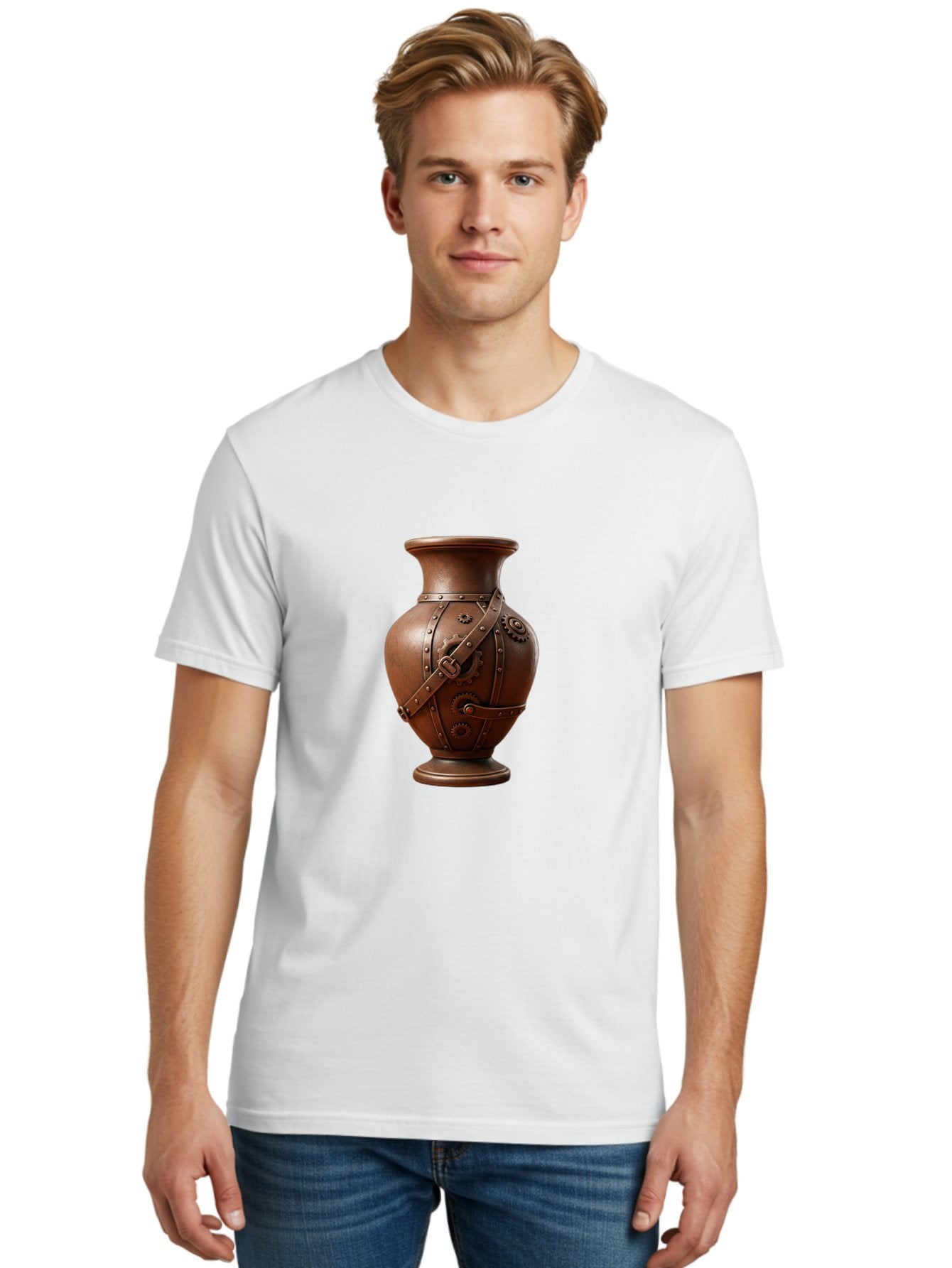 Steampunk-Vase Men'S Graphic Tee, 100% Cotton, Comfortable Casual Summer Wear, Machine Washable, Steampunk Style Vase, Antique Bronze Finish, Metallic Straps, Gear Mechanisms, Industrial Chic, Vintage Decor, Unique Art Piece, Bab464 22