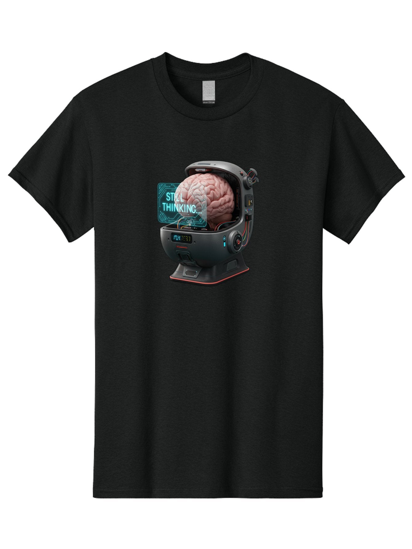 Still-Thinking-3 Men'S Graphic Tee, 100% Cotton, Comfortable Casual Summer Wear, Machine Washable, Human Brain In Sci-Fi Machine, Artificial Intelligence Concept, Futuristic Technology, Brain Activity, Still Thinking Message, Bab467 6