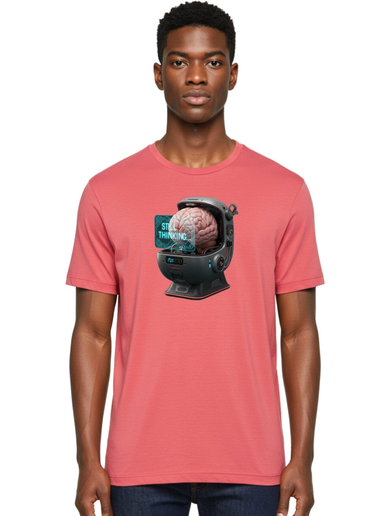 Still-Thinking-3 Men'S Graphic Tee, 100% Cotton, Comfortable Casual Summer Wear, Machine Washable, Human Brain In Sci-Fi Machine, Artificial Intelligence Concept, Futuristic Technology, Brain Activity, Still Thinking Message, Bab467 30