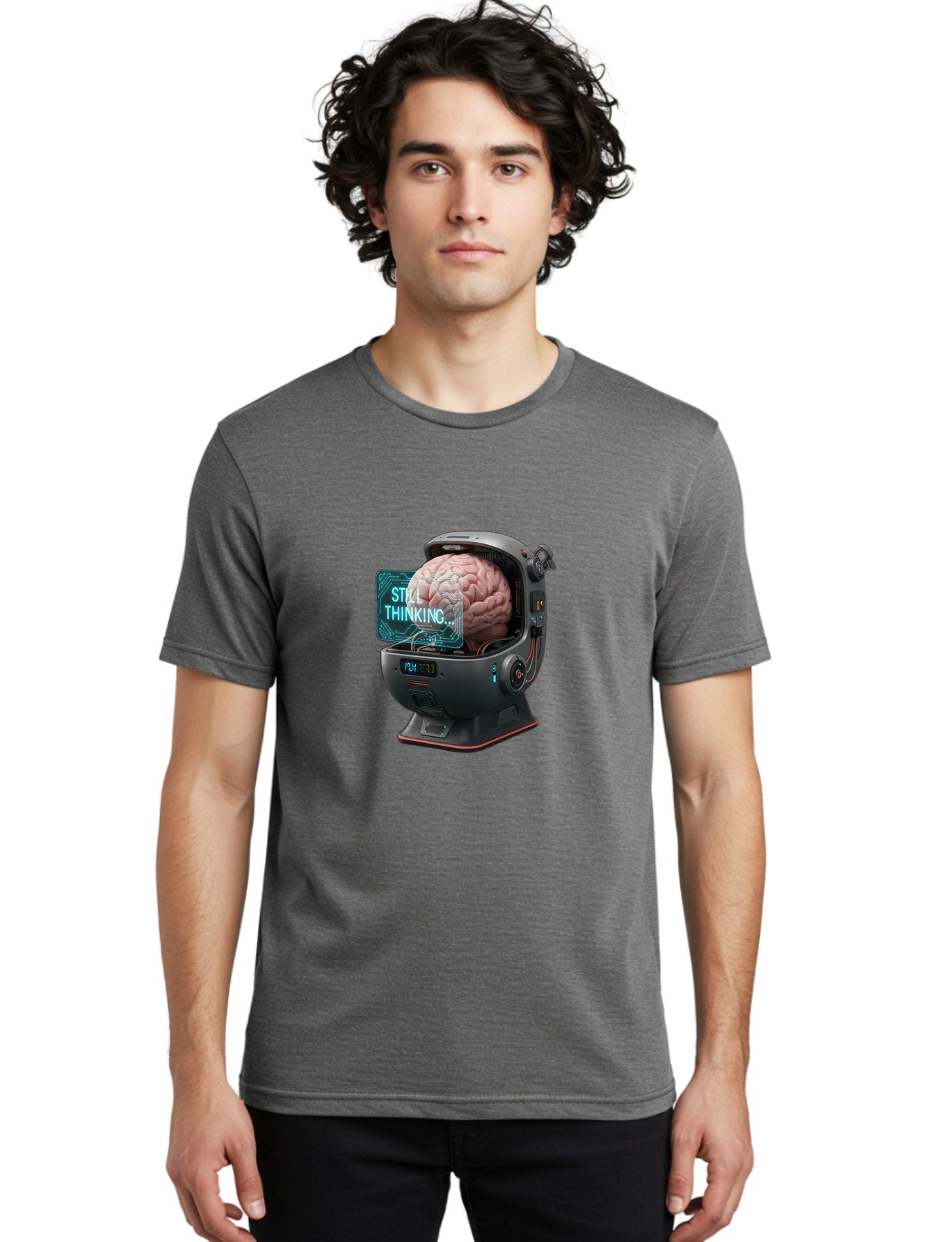 Still-Thinking-3 Men'S Graphic Tee, 100% Cotton, Comfortable Casual Summer Wear, Machine Washable, Human Brain In Sci-Fi Machine, Artificial Intelligence Concept, Futuristic Technology, Brain Activity, Still Thinking Message, Bab467 27