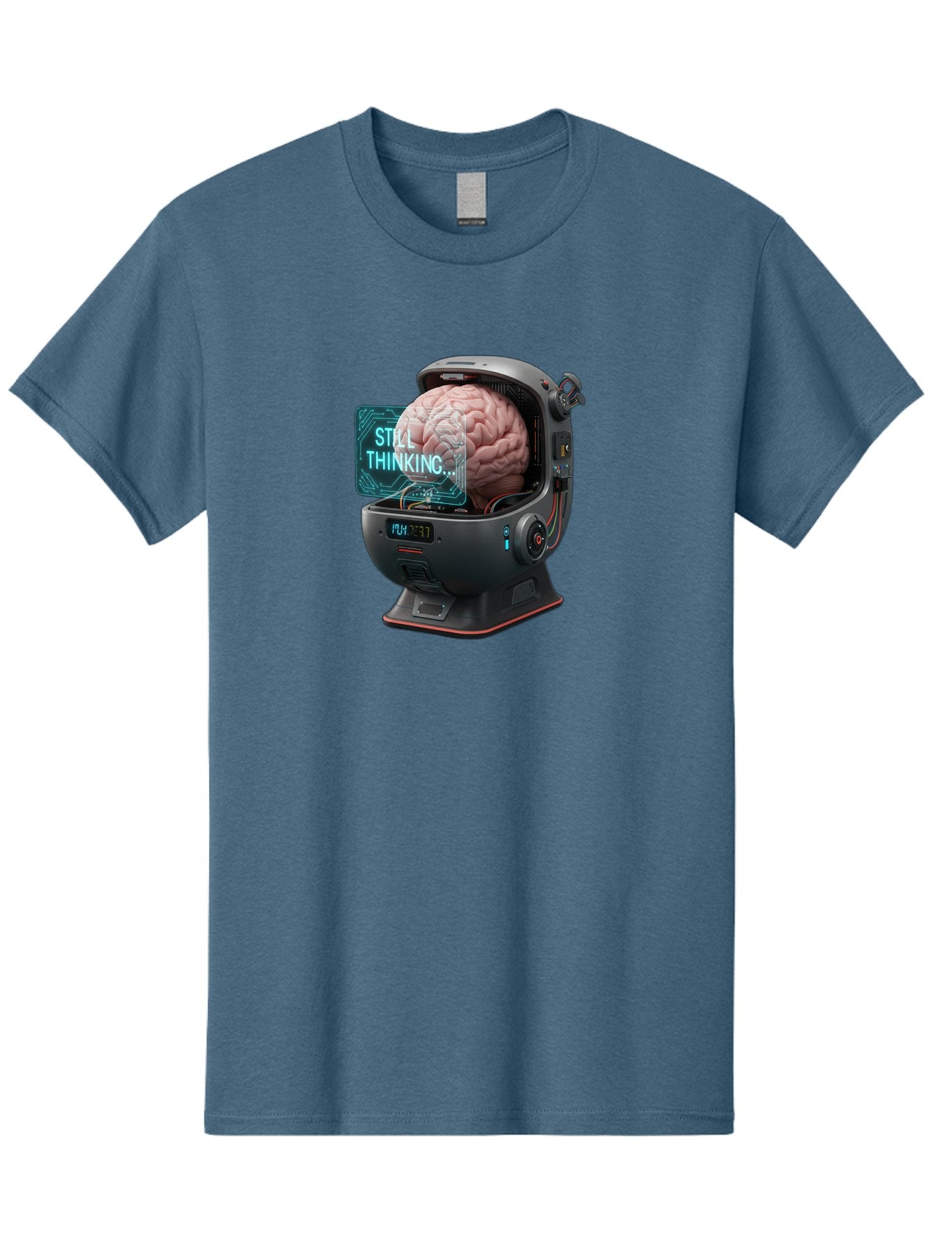 Still-Thinking-3 Men'S Graphic Tee, 100% Cotton, Comfortable Casual Summer Wear, Machine Washable, Human Brain In Sci-Fi Machine, Artificial Intelligence Concept, Futuristic Technology, Brain Activity, Still Thinking Message, Bab467 7