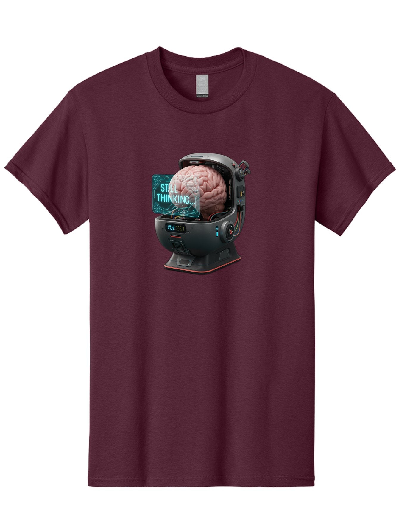 Still-Thinking-3 Men'S Graphic Tee, 100% Cotton, Comfortable Casual Summer Wear, Machine Washable, Human Brain In Sci-Fi Machine, Artificial Intelligence Concept, Futuristic Technology, Brain Activity, Still Thinking Message, Bab467 3