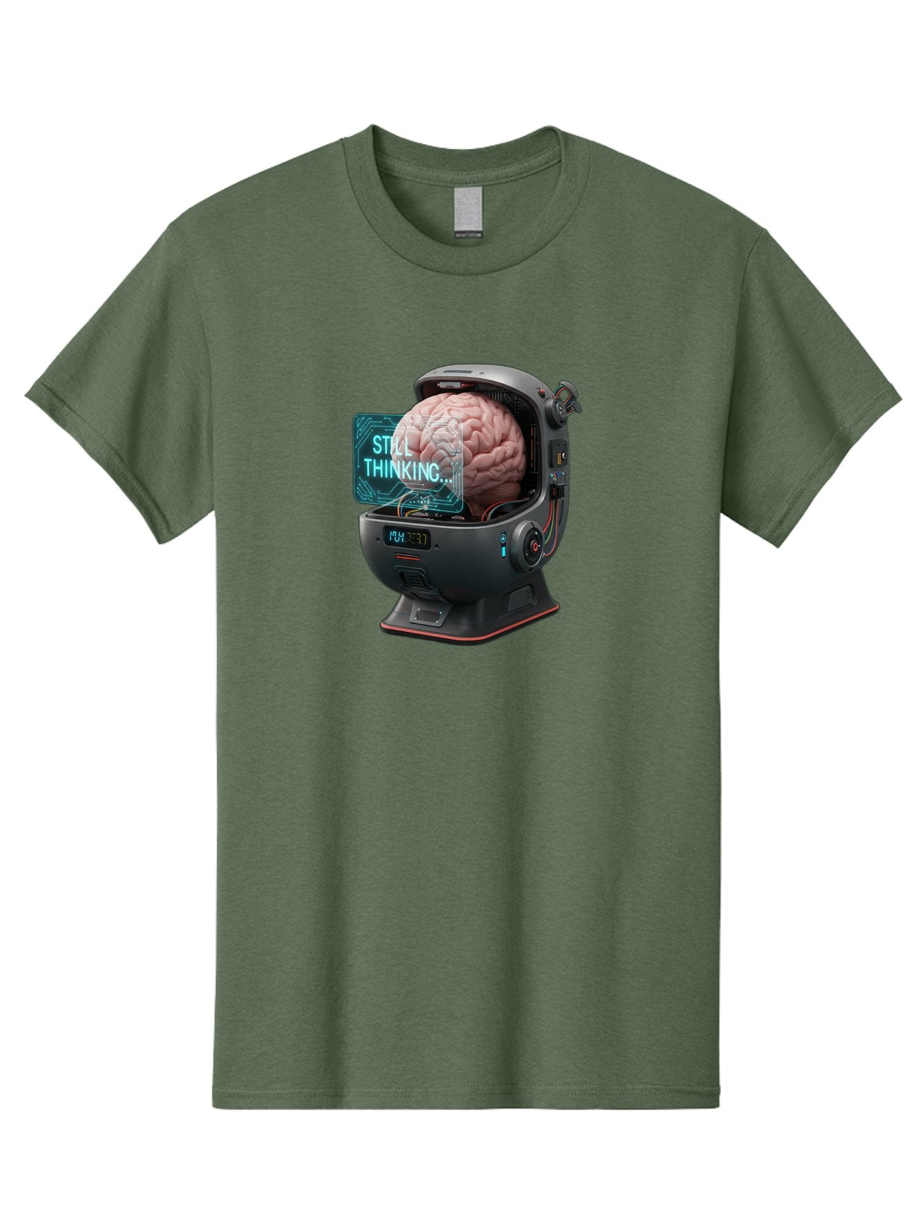 Still-Thinking-3 Men'S Graphic Tee, 100% Cotton, Comfortable Casual Summer Wear, Machine Washable, Human Brain In Sci-Fi Machine, Artificial Intelligence Concept, Futuristic Technology, Brain Activity, Still Thinking Message, Bab467 12
