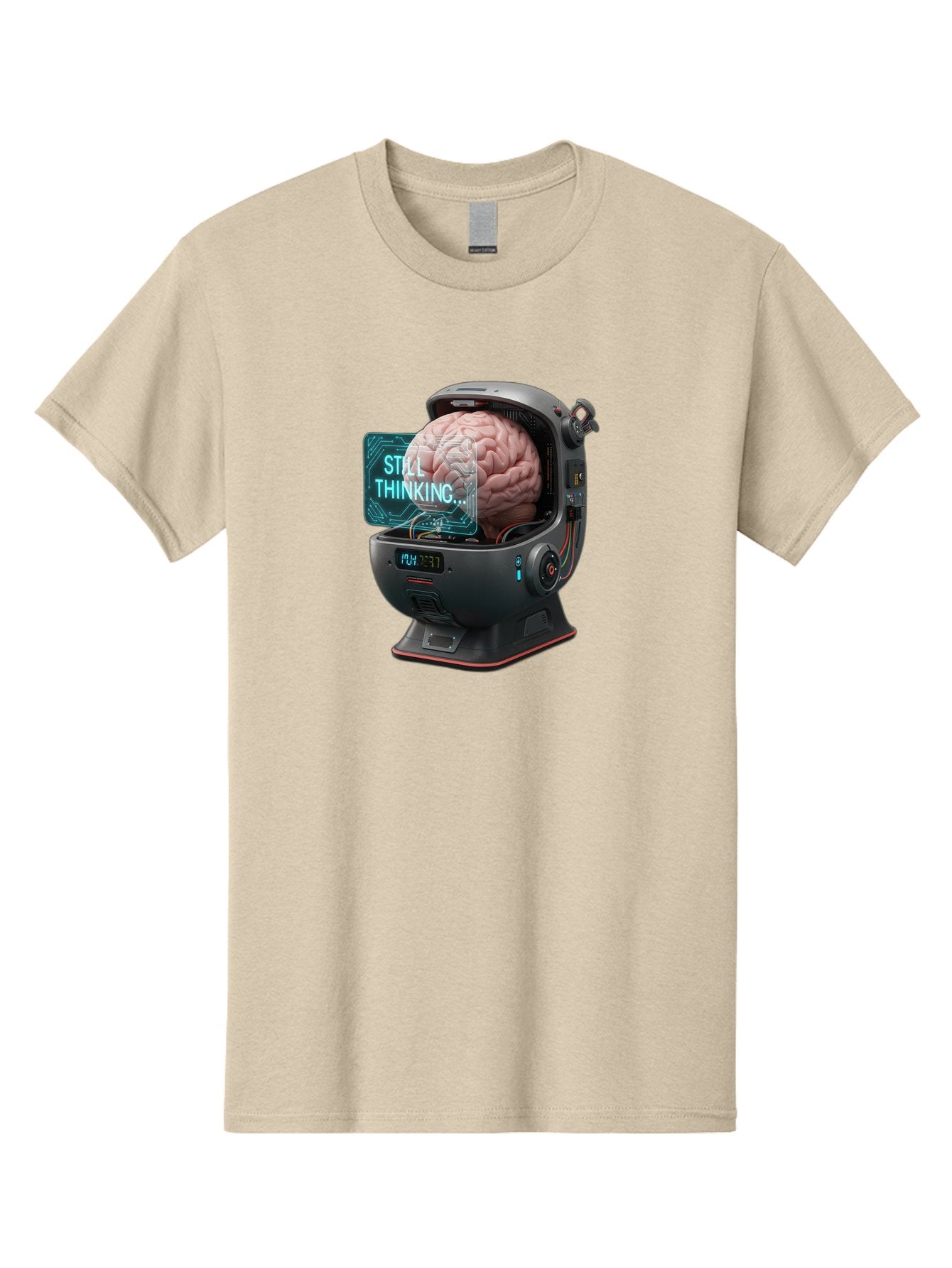 Still-Thinking-3 Men'S Graphic Tee, 100% Cotton, Comfortable Casual Summer Wear, Machine Washable, Human Brain In Sci-Fi Machine, Artificial Intelligence Concept, Futuristic Technology, Brain Activity, Still Thinking Message, Bab467 4