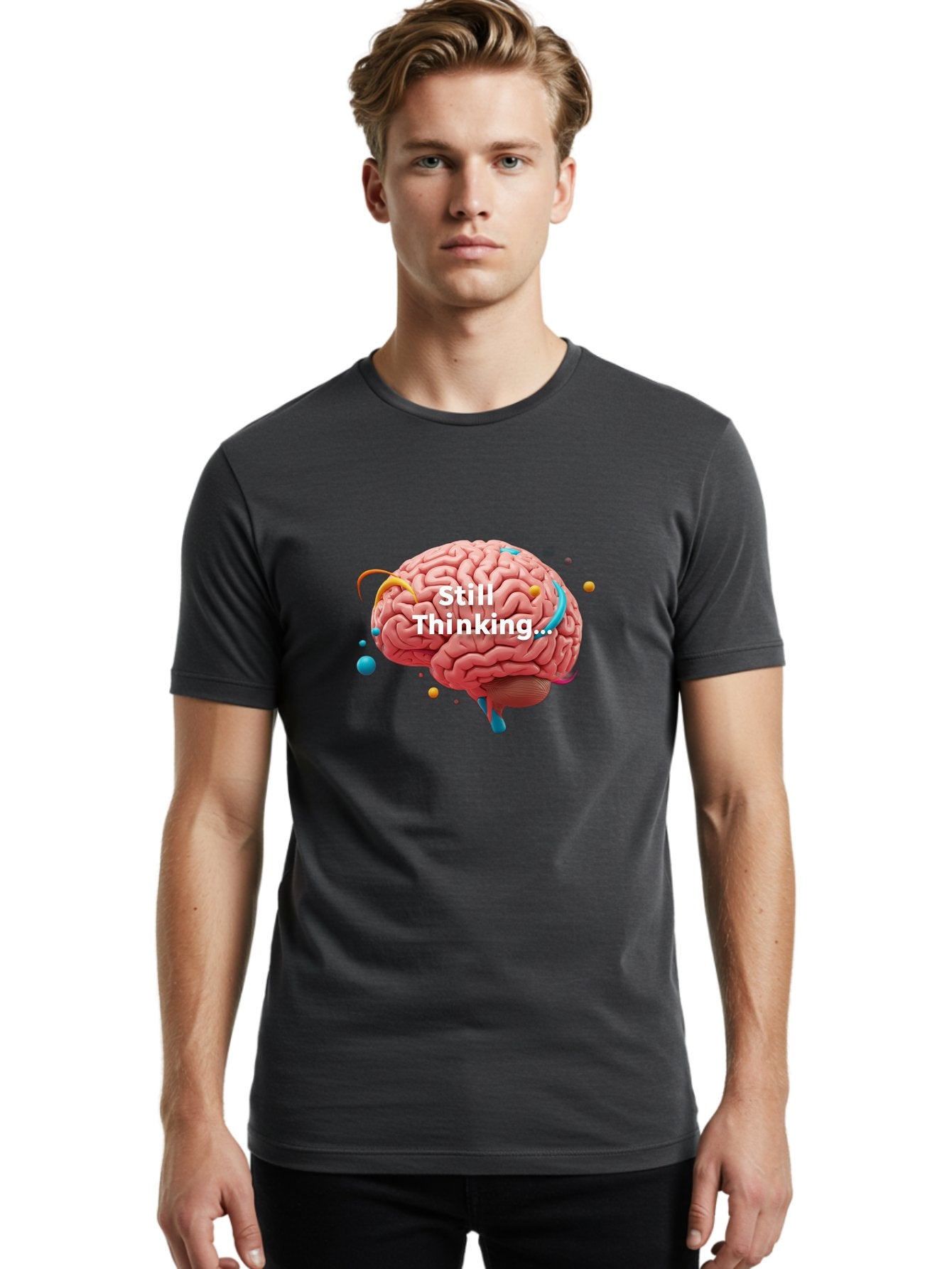 Still-Thinking-Brain-1 Men'S Graphic Tee, 100% Cotton, Comfortable Casual Summer Wear, Machine Washable, Human Brain, Creative Thinking, Abstract Shapes, Colorful Orbs, Idea Generation, Problem-Solving, Cognitive Process, Brainstorming, Bab468 22