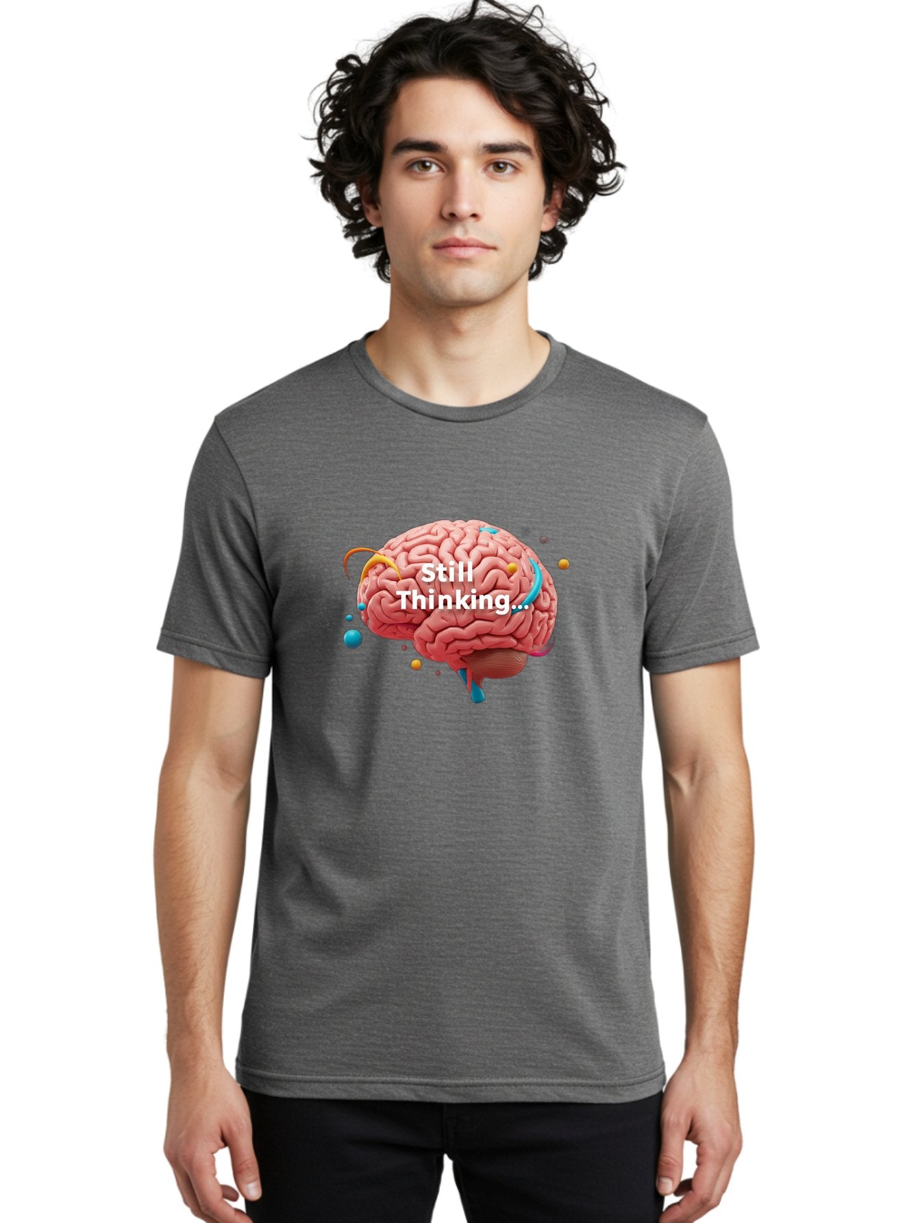 Still-Thinking-Brain-1 Men'S Graphic Tee, 100% Cotton, Comfortable Casual Summer Wear, Machine Washable, Human Brain, Creative Thinking, Abstract Shapes, Colorful Orbs, Idea Generation, Problem-Solving, Cognitive Process, Brainstorming, Bab468 20