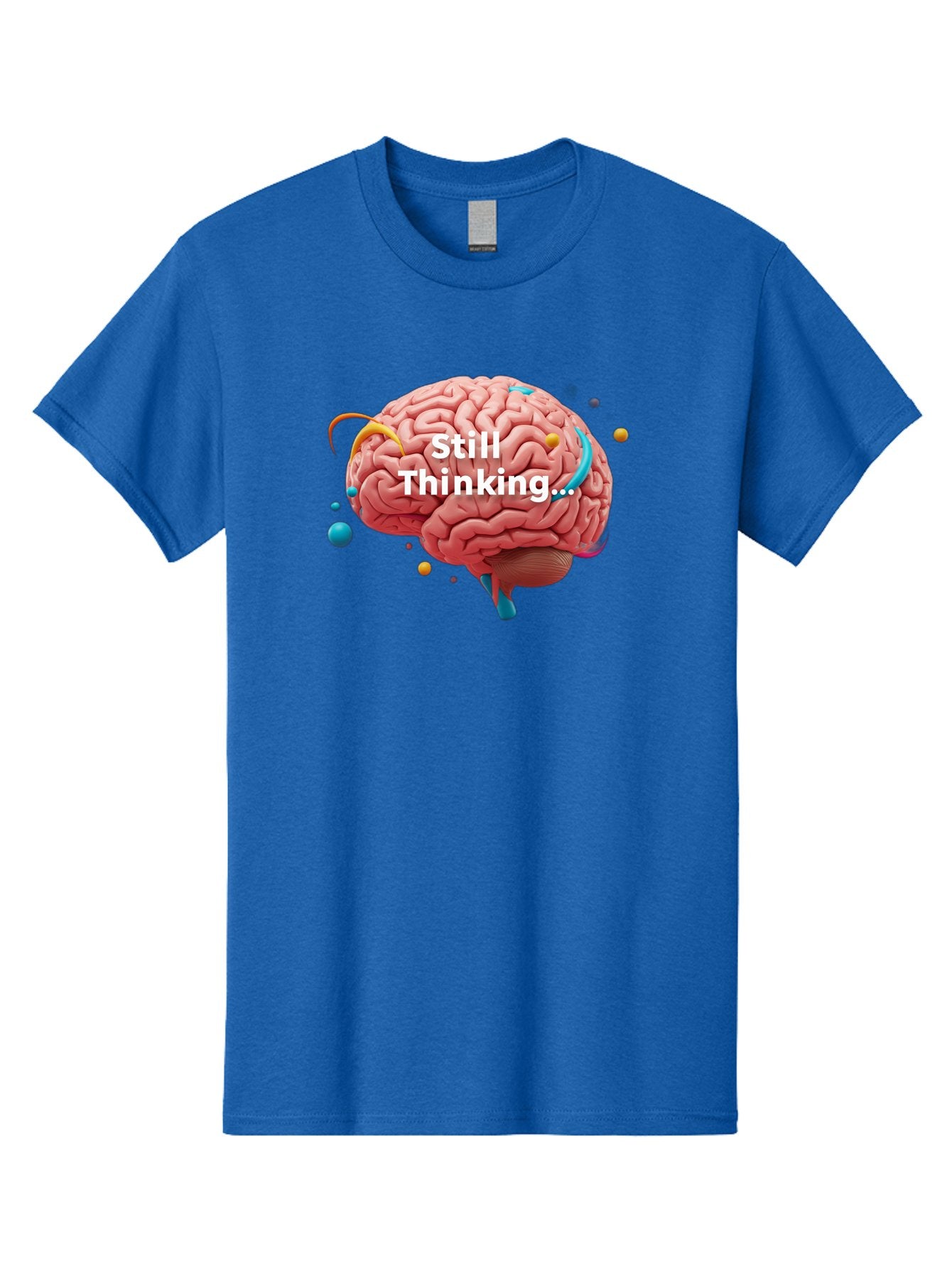 Still-Thinking-Brain-1 Men'S Graphic Tee, 100% Cotton, Comfortable Casual Summer Wear, Machine Washable, Human Brain, Creative Thinking, Abstract Shapes, Colorful Orbs, Idea Generation, Problem-Solving, Cognitive Process, Brainstorming, Bab468
