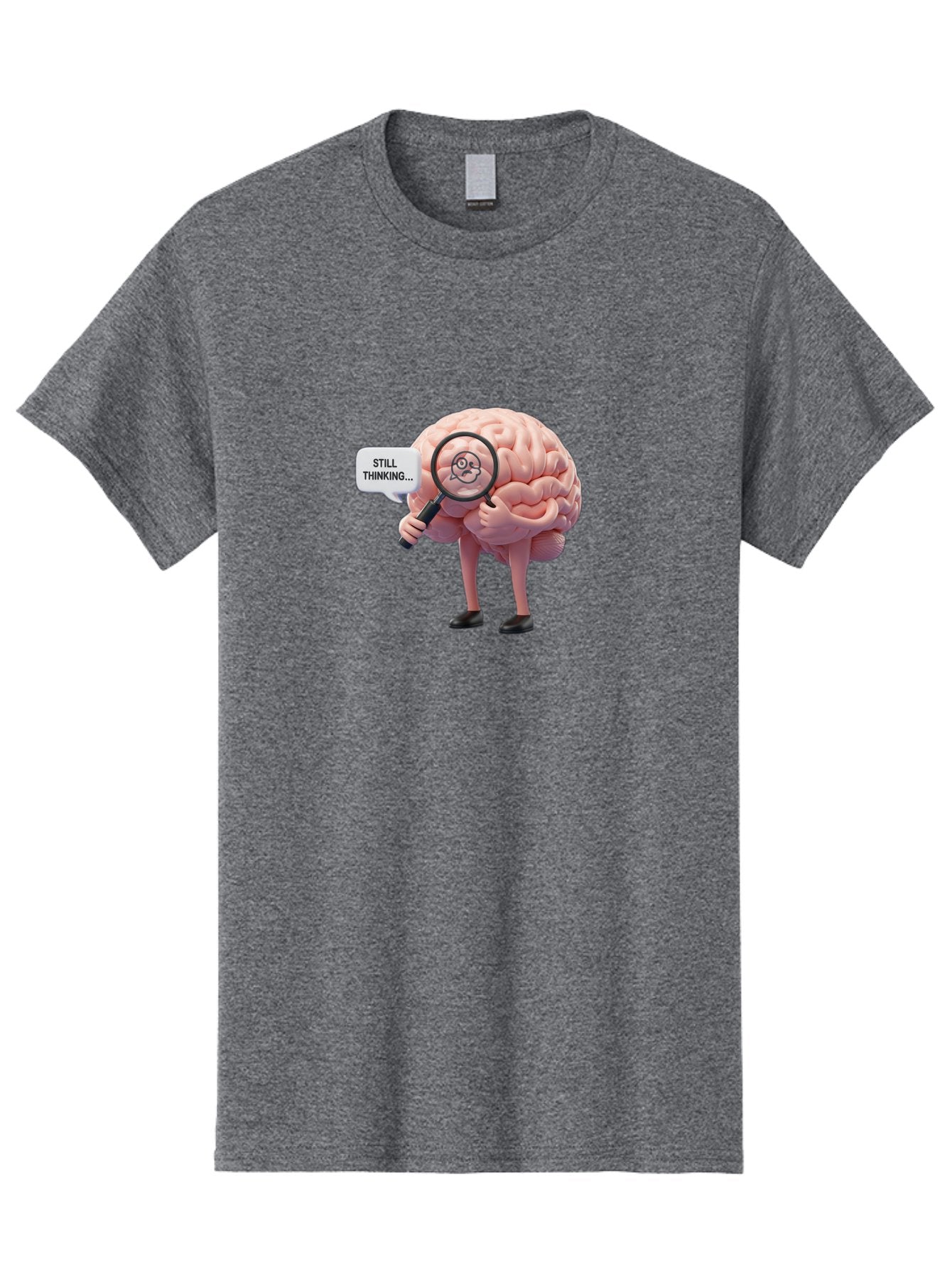 Still-Thinking-Brain-3 Men'S Graphic Tee, 100% Cotton, Comfortable Casual Summer Wear, Machine Washable, Human Brain Character, Deep Thinking, Problem Solving, Brain Analysis, Magnifying Glass, Thought Process, Cognitive Function, Bab470