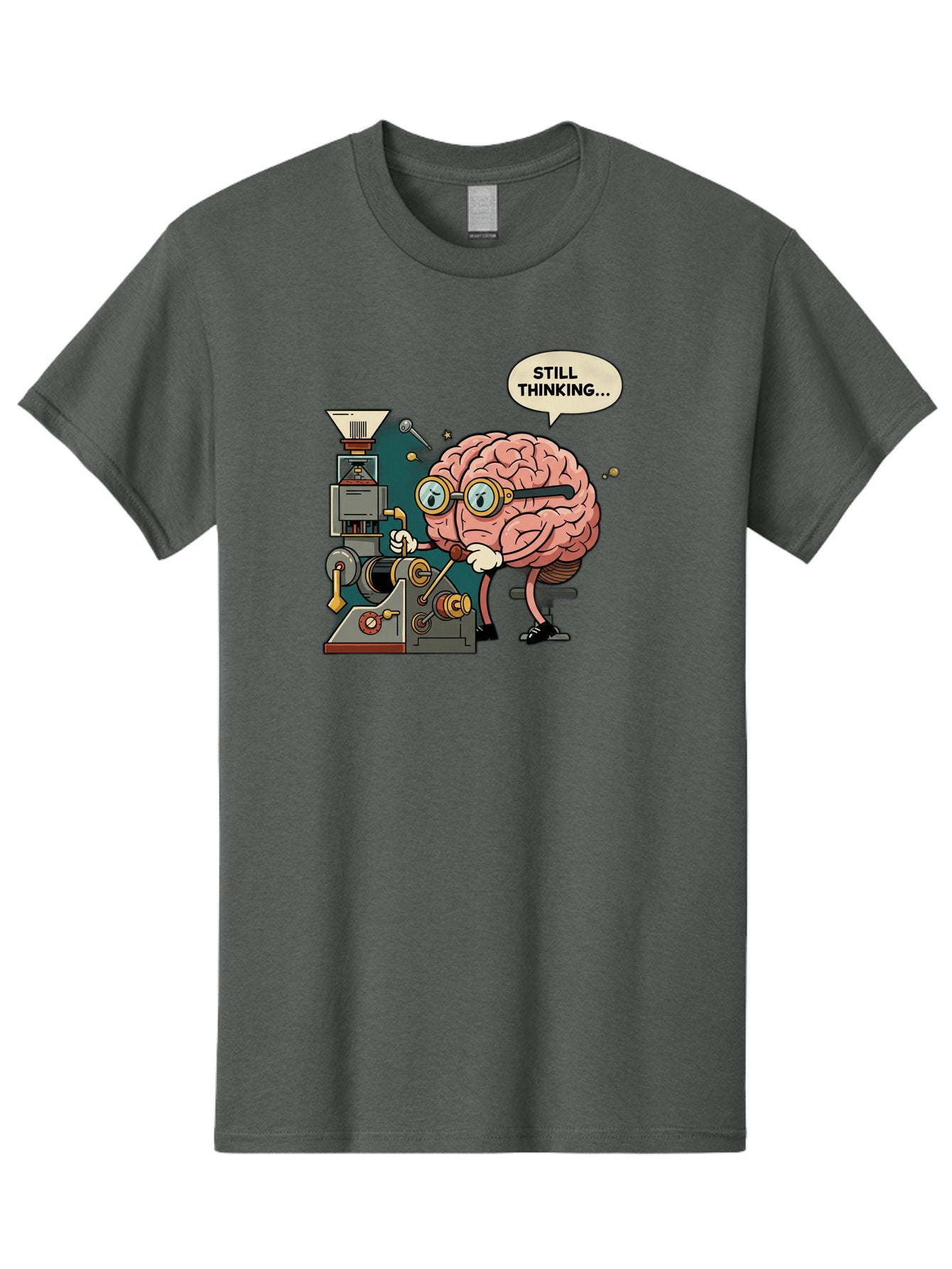 Still-Thinking Men'S Graphic Tee, 100% Cotton, Comfortable Casual Summer Wear, Machine Washable, Brain Character Working On Machine, Thinking Face, Problem Solving, Creative Process, Idea Generation, Cartoon Brain, Humorous Illustration, Bab472 13
