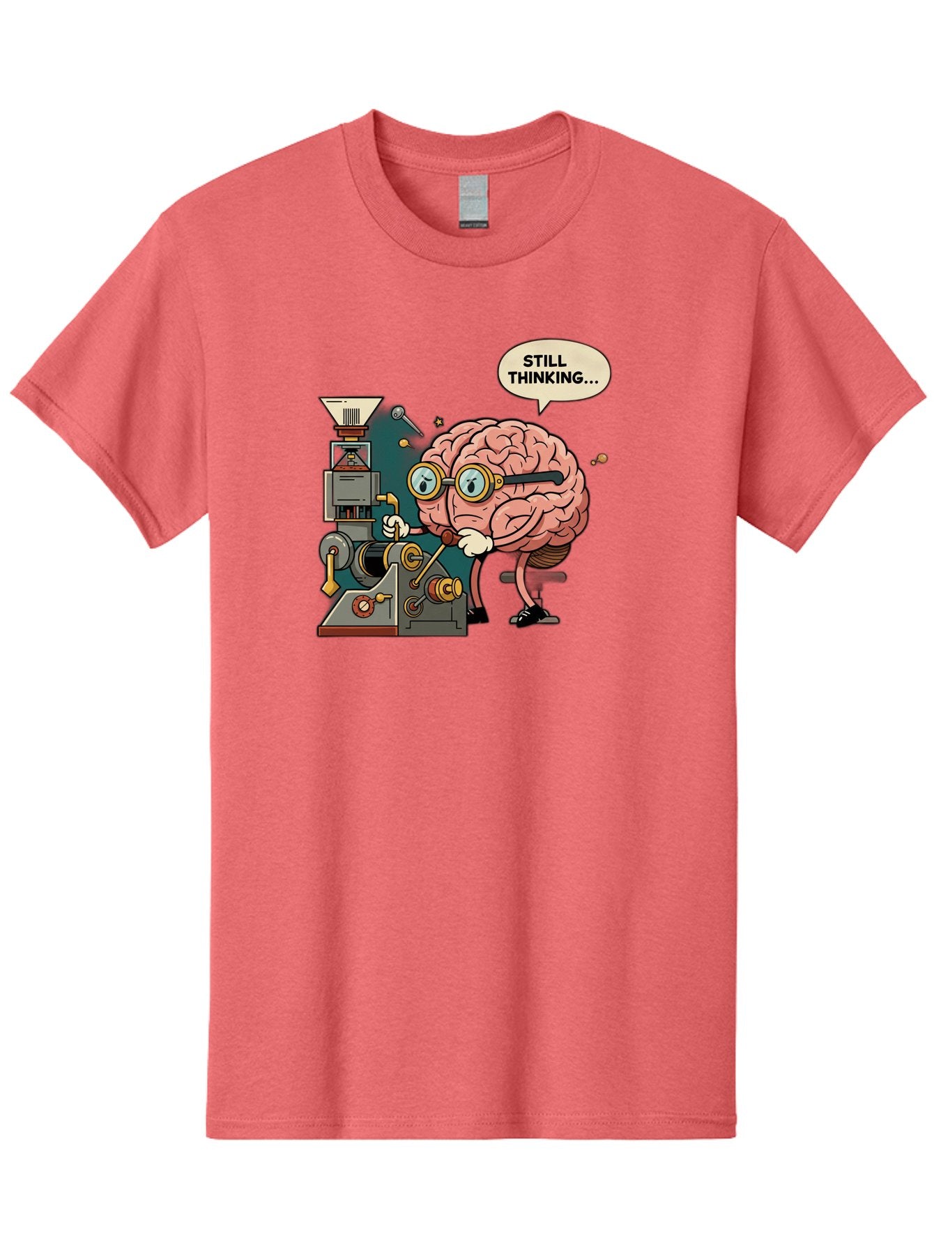Still-Thinking Men'S Graphic Tee, 100% Cotton, Comfortable Casual Summer Wear, Machine Washable, Brain Character Working On Machine, Thinking Face, Problem Solving, Creative Process, Idea Generation, Cartoon Brain, Humorous Illustration, Bab472 14