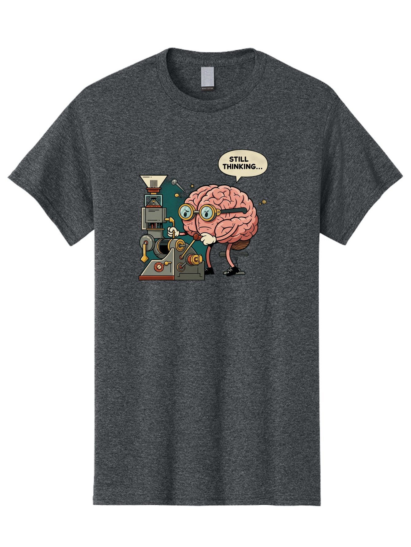 Still-Thinking Men'S Graphic Tee, 100% Cotton, Comfortable Casual Summer Wear, Machine Washable, Brain Character Working On Machine, Thinking Face, Problem Solving, Creative Process, Idea Generation, Cartoon Brain, Humorous Illustration, Bab472 5