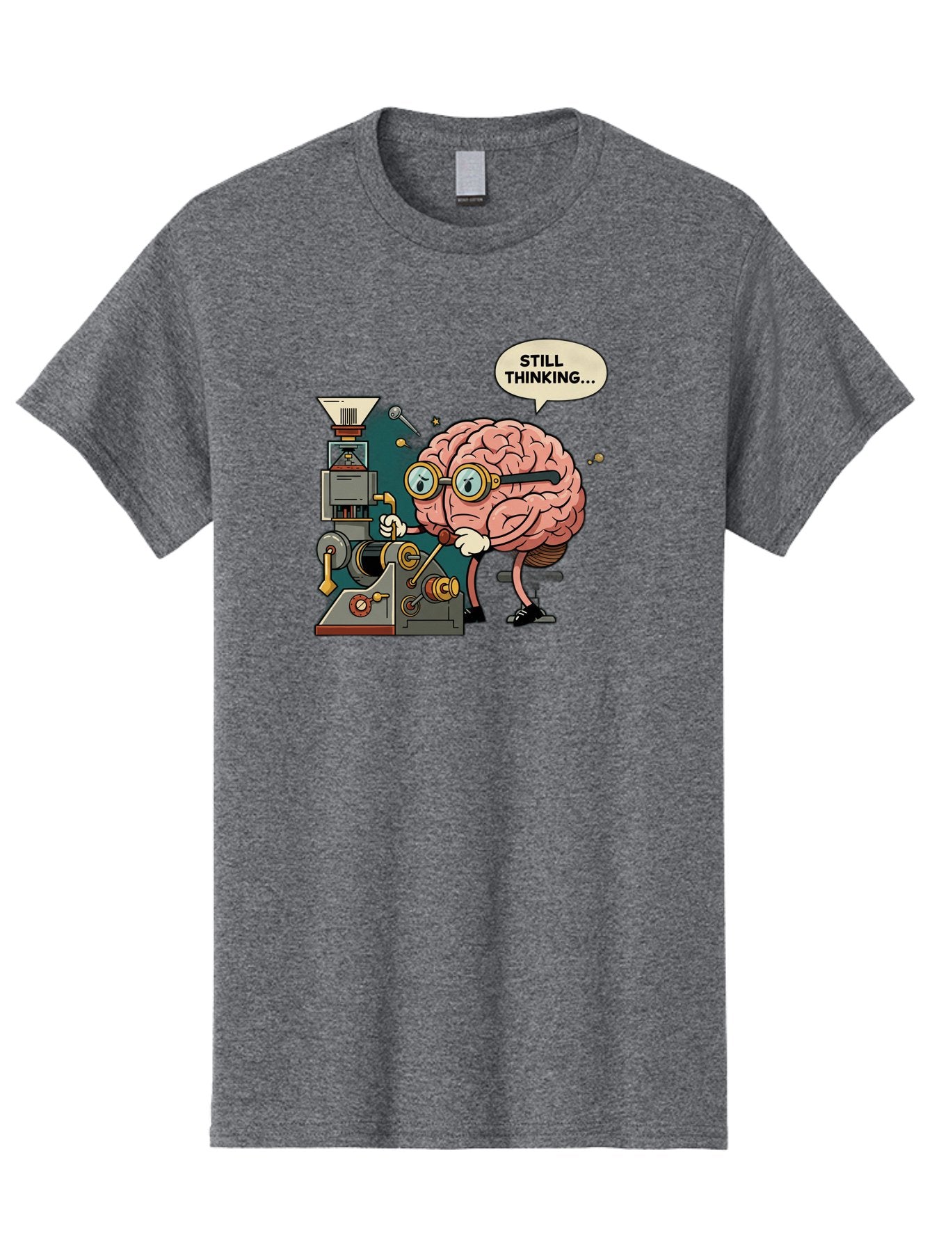 Still-Thinking Men'S Graphic Tee, 100% Cotton, Comfortable Casual Summer Wear, Machine Washable, Brain Character Working On Machine, Thinking Face, Problem Solving, Creative Process, Idea Generation, Cartoon Brain, Humorous Illustration, Bab472