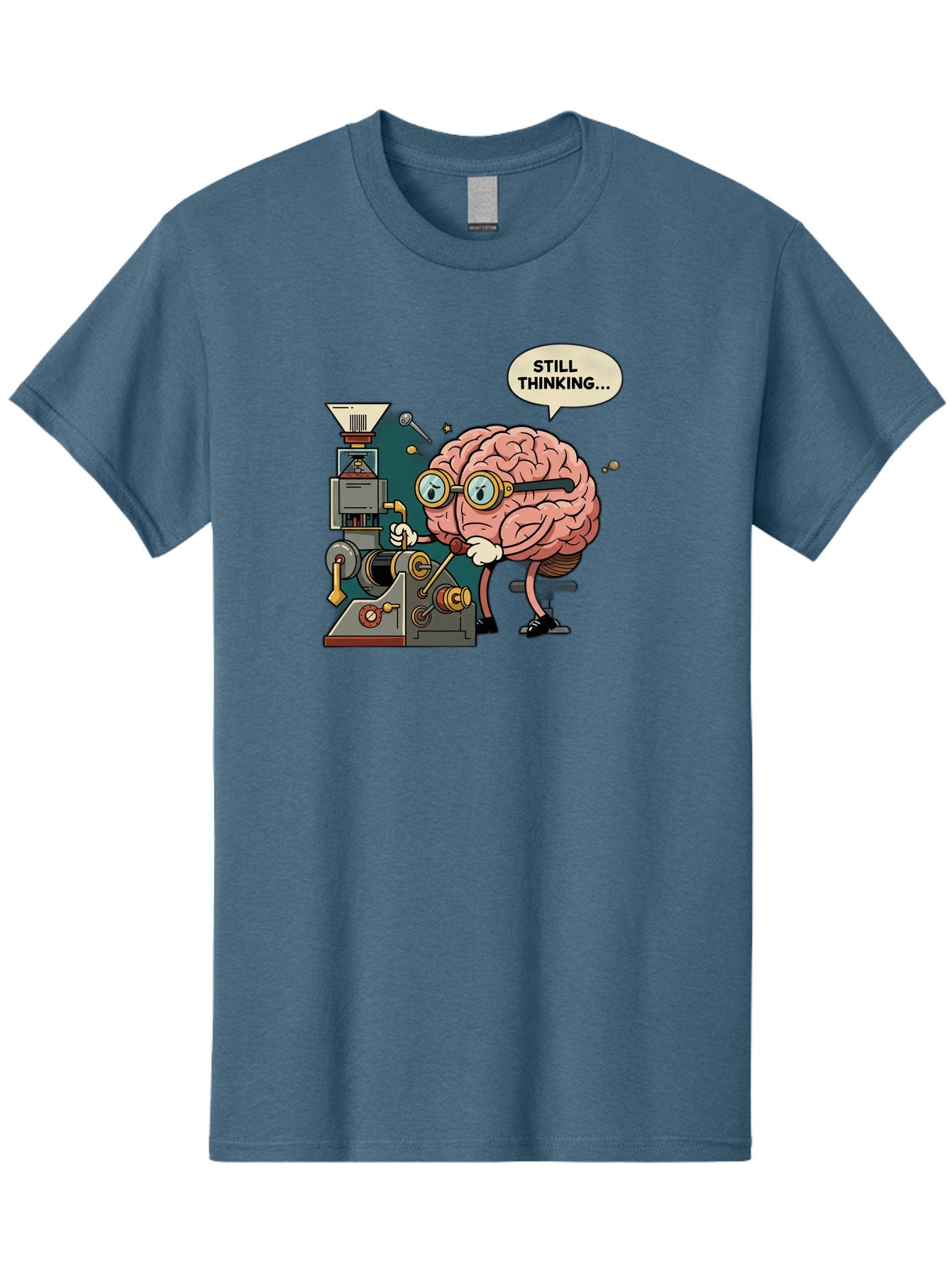 Still-Thinking Men'S Graphic Tee, 100% Cotton, Comfortable Casual Summer Wear, Machine Washable, Brain Character Working On Machine, Thinking Face, Problem Solving, Creative Process, Idea Generation, Cartoon Brain, Humorous Illustration, Bab472 10