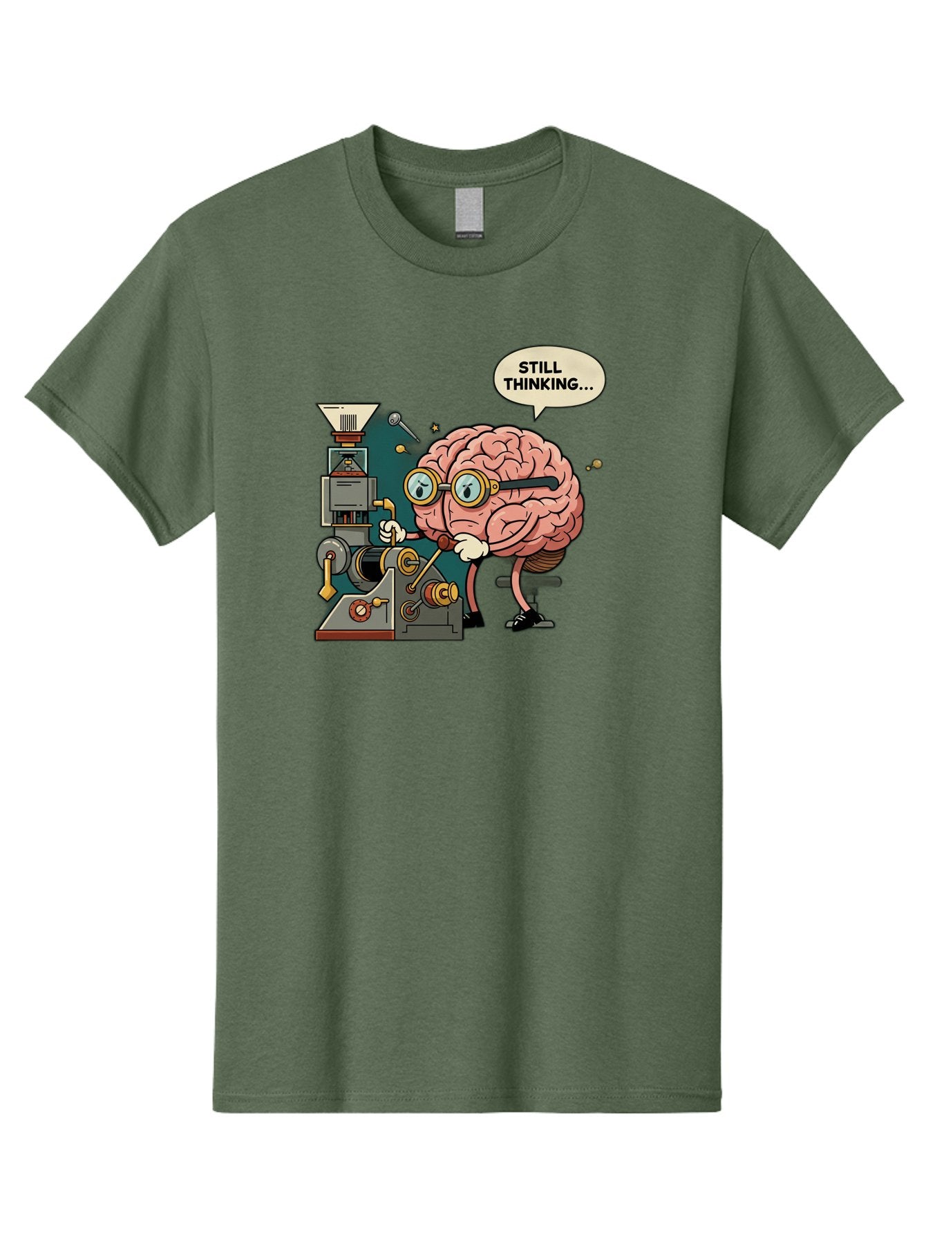 Still-Thinking Men'S Graphic Tee, 100% Cotton, Comfortable Casual Summer Wear, Machine Washable, Brain Character Working On Machine, Thinking Face, Problem Solving, Creative Process, Idea Generation, Cartoon Brain, Humorous Illustration, Bab472 12