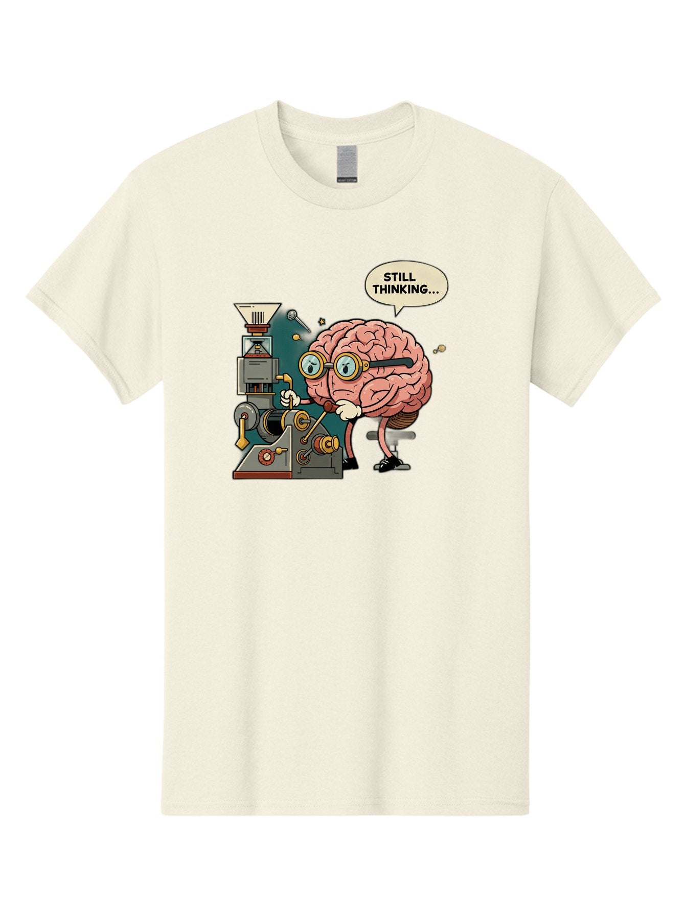 Still-Thinking Men'S Graphic Tee, 100% Cotton, Comfortable Casual Summer Wear, Machine Washable, Brain Character Working On Machine, Thinking Face, Problem Solving, Creative Process, Idea Generation, Cartoon Brain, Humorous Illustration, Bab472 3