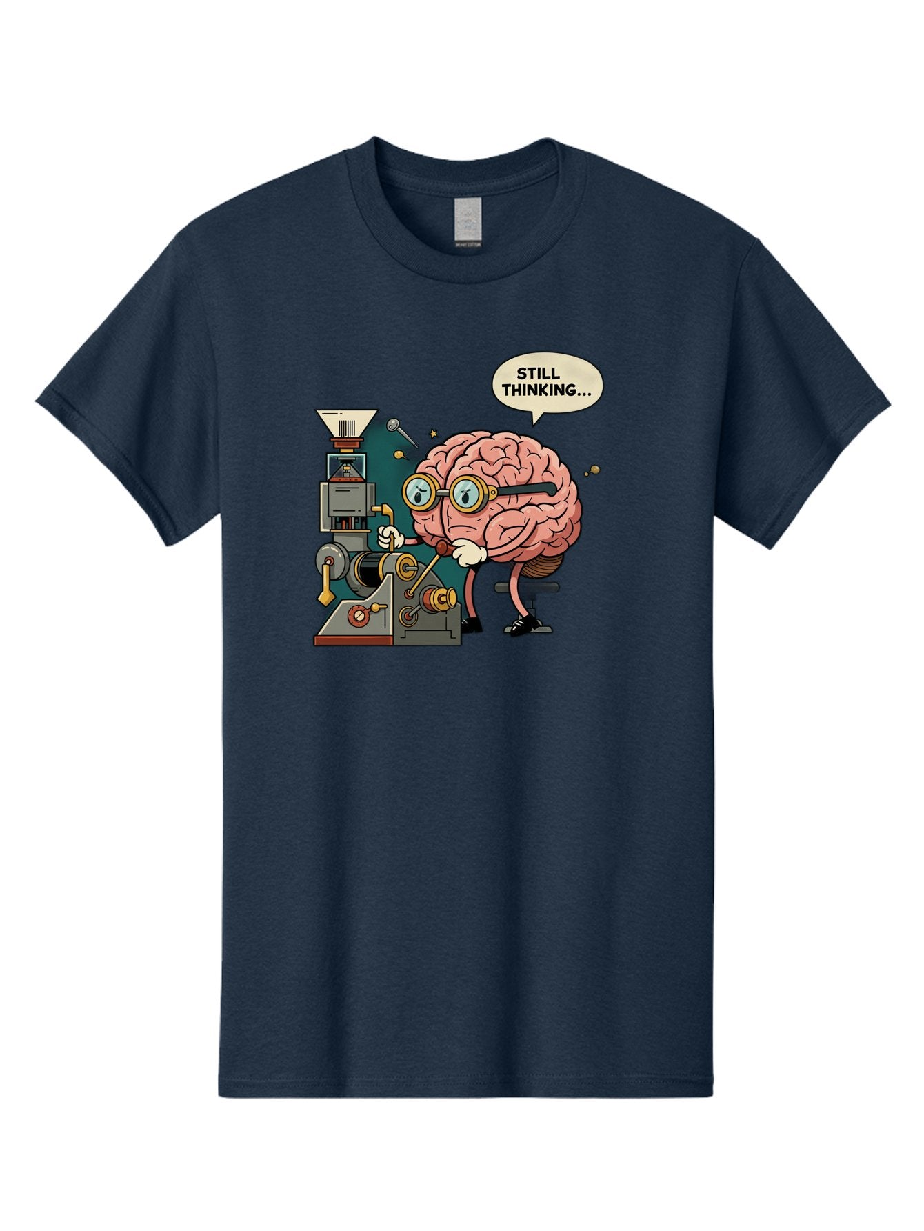 Still-Thinking Men'S Graphic Tee, 100% Cotton, Comfortable Casual Summer Wear, Machine Washable, Brain Character Working On Machine, Thinking Face, Problem Solving, Creative Process, Idea Generation, Cartoon Brain, Humorous Illustration, Bab472 7