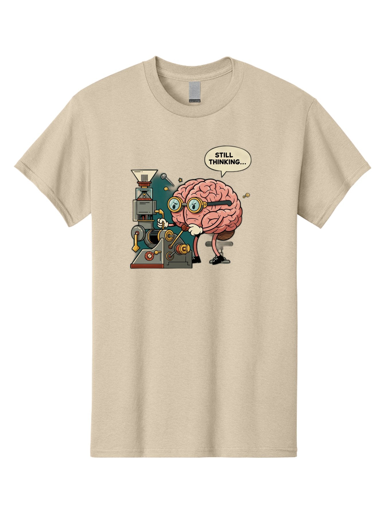Still-Thinking Men'S Graphic Tee, 100% Cotton, Comfortable Casual Summer Wear, Machine Washable, Brain Character Working On Machine, Thinking Face, Problem Solving, Creative Process, Idea Generation, Cartoon Brain, Humorous Illustration, Bab472 15