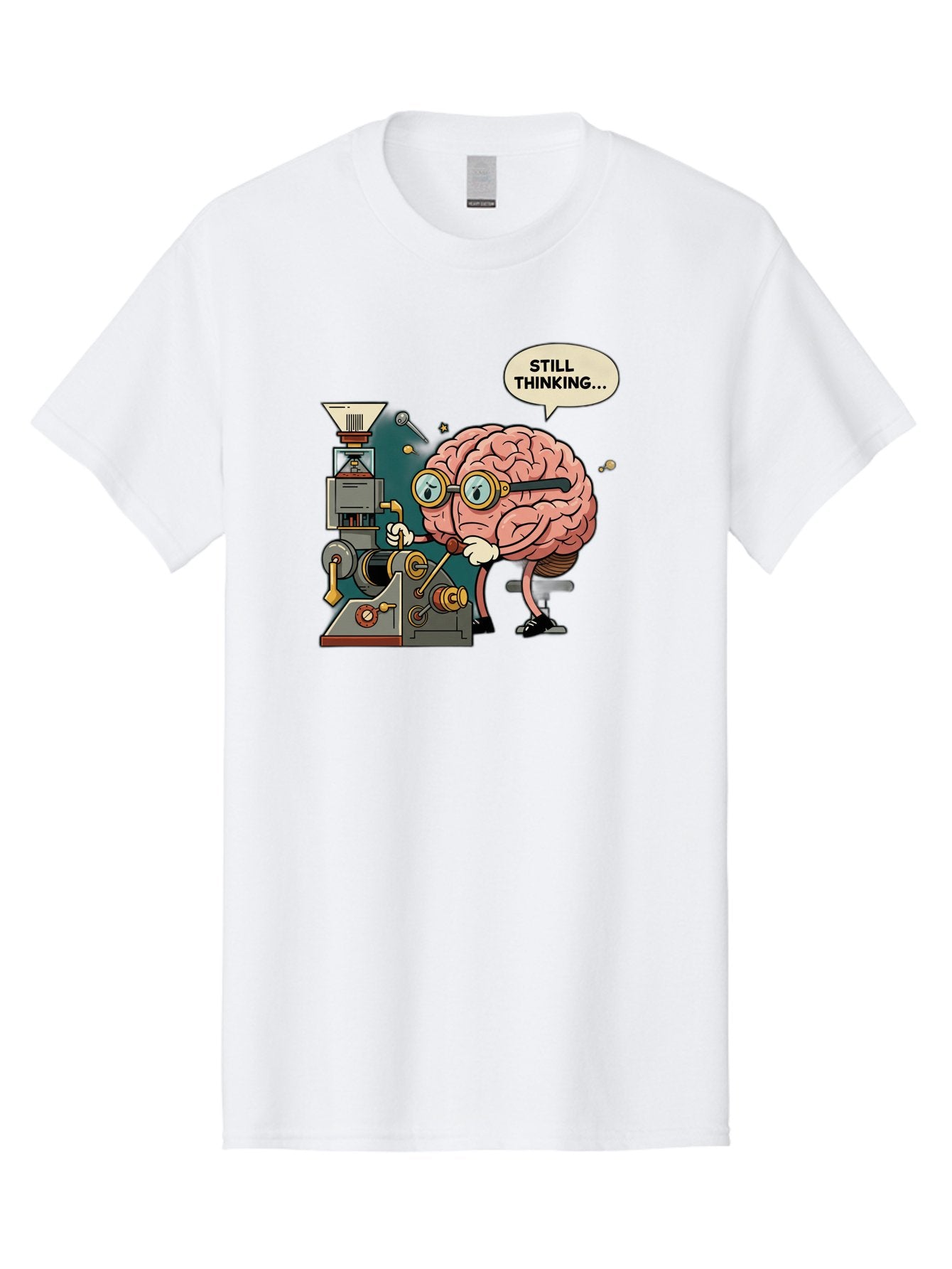 Still-Thinking Men'S Graphic Tee, 100% Cotton, Comfortable Casual Summer Wear, Machine Washable, Brain Character Working On Machine, Thinking Face, Problem Solving, Creative Process, Idea Generation, Cartoon Brain, Humorous Illustration, Bab472 9