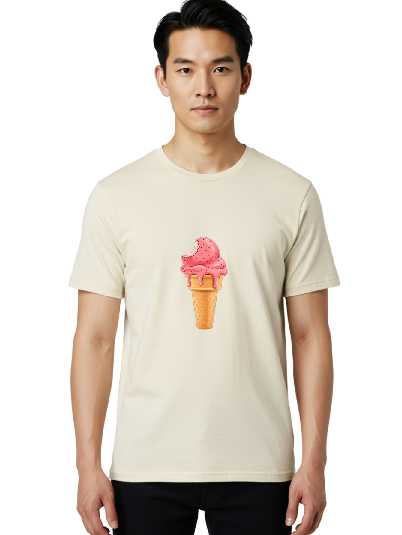 Strawberry-Ice-Cream-Cone Men'S Graphic Tee, 100% Cotton, Comfortable Casual Summer Wear, Machine Washable, Pink Strawberry Ice Cream, Melting Ice Cream, Waffle Cone, Sweet Treats, Dessert Lover, Summer Snack, Strawberry Flavor Bab473 8
