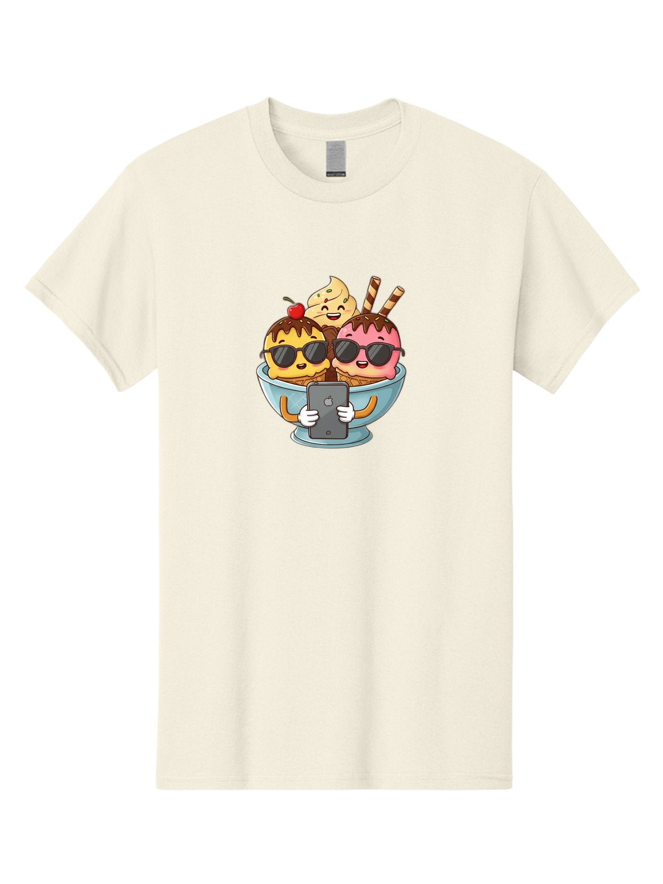 Sundae-Friends Men'S Graphic Tee, 100% Cotton, Comfortable Casual Summer Wear, Machine Washable, Sundaes With Sunglasses, Smartphone Selfie, Chocolate Sauce, Cherry On Top, Cartoon Illustrations Bab477 12