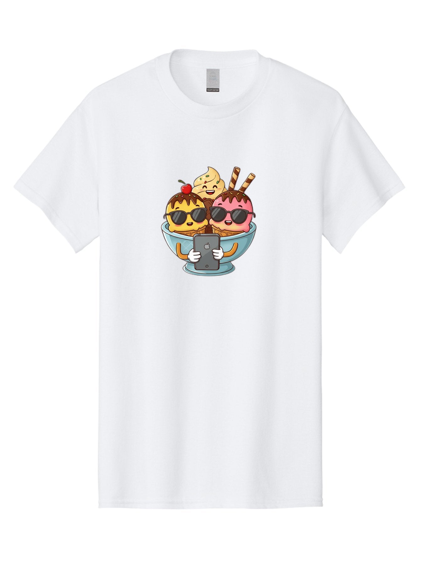 Sundae-Friends Men'S Graphic Tee, 100% Cotton, Comfortable Casual Summer Wear, Machine Washable, Sundaes With Sunglasses, Smartphone Selfie, Chocolate Sauce, Cherry On Top, Cartoon Illustrations Bab477