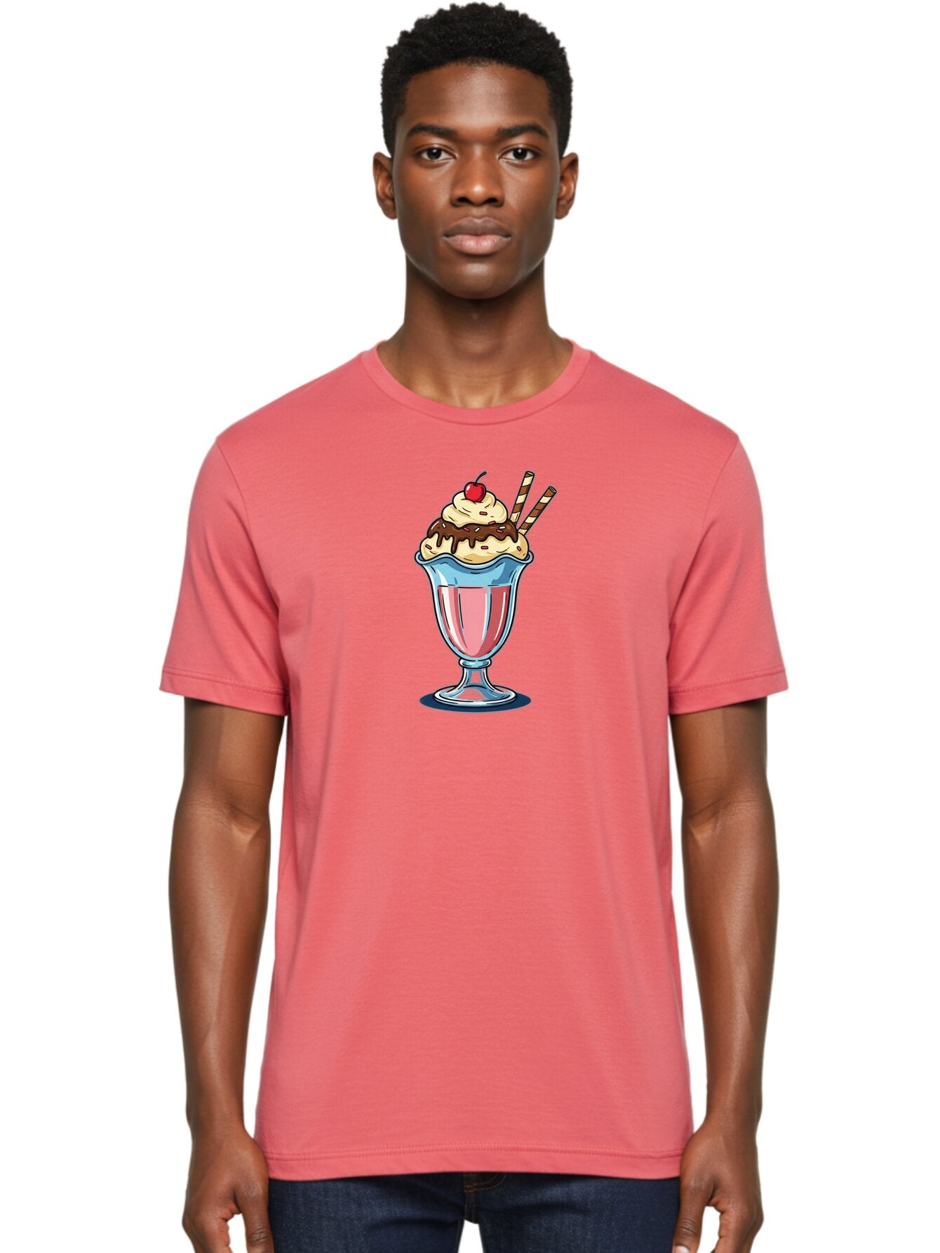 Sundae Men'S Graphic Tee, 100% Cotton, Comfortable Casual Summer Wear, Machine Washable, Sundae Glass, Pink Milkshake, Whipped Cream, Chocolate Sauce, Cherry On Top, Striped Straws, Sweet Treat, Dessert, Cold Drink, Creamy Texture, Bab478 20