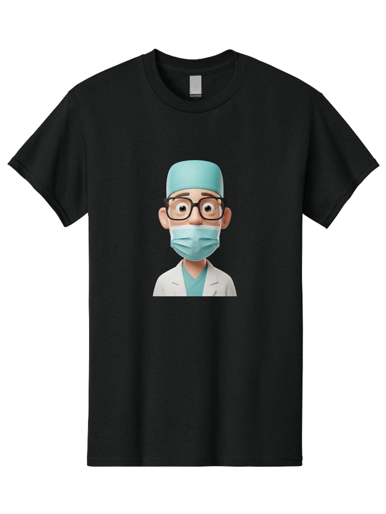 Surgeon Men'S Graphic Tee, 100% Cotton, Comfortable Casual Summer Wear, Machine Washable, Cartoon Surgeon, Medical Professional, Surgical Attire, Protective Gear, Face Mask, Glasses, Shocked Expression, White Lab Coat, Blue Scrubs Bab482 12