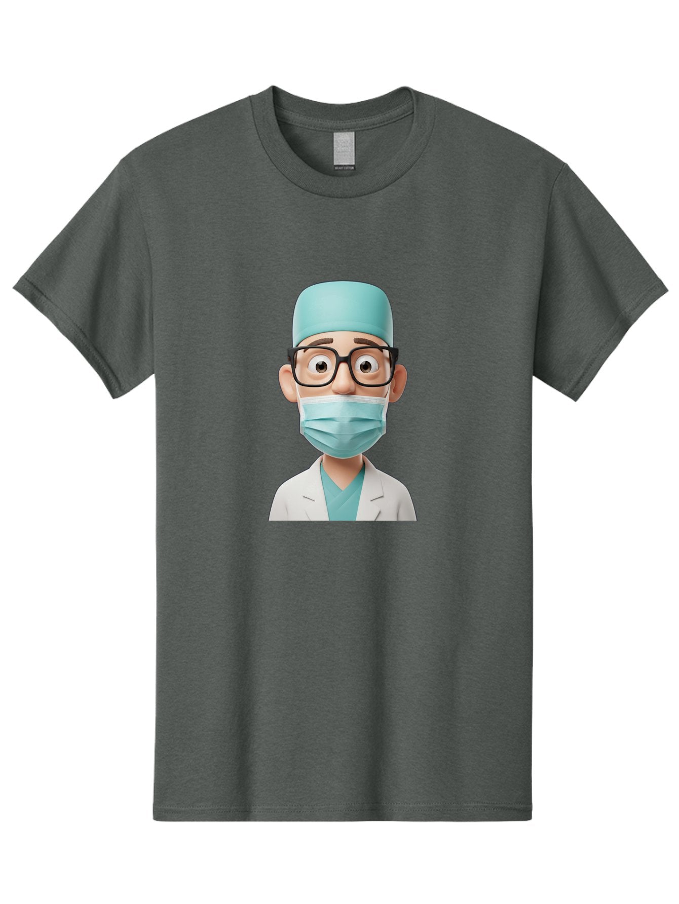 Surgeon Men'S Graphic Tee, 100% Cotton, Comfortable Casual Summer Wear, Machine Washable, Cartoon Surgeon, Medical Professional, Surgical Attire, Protective Gear, Face Mask, Glasses, Shocked Expression, White Lab Coat, Blue Scrubs Bab482
