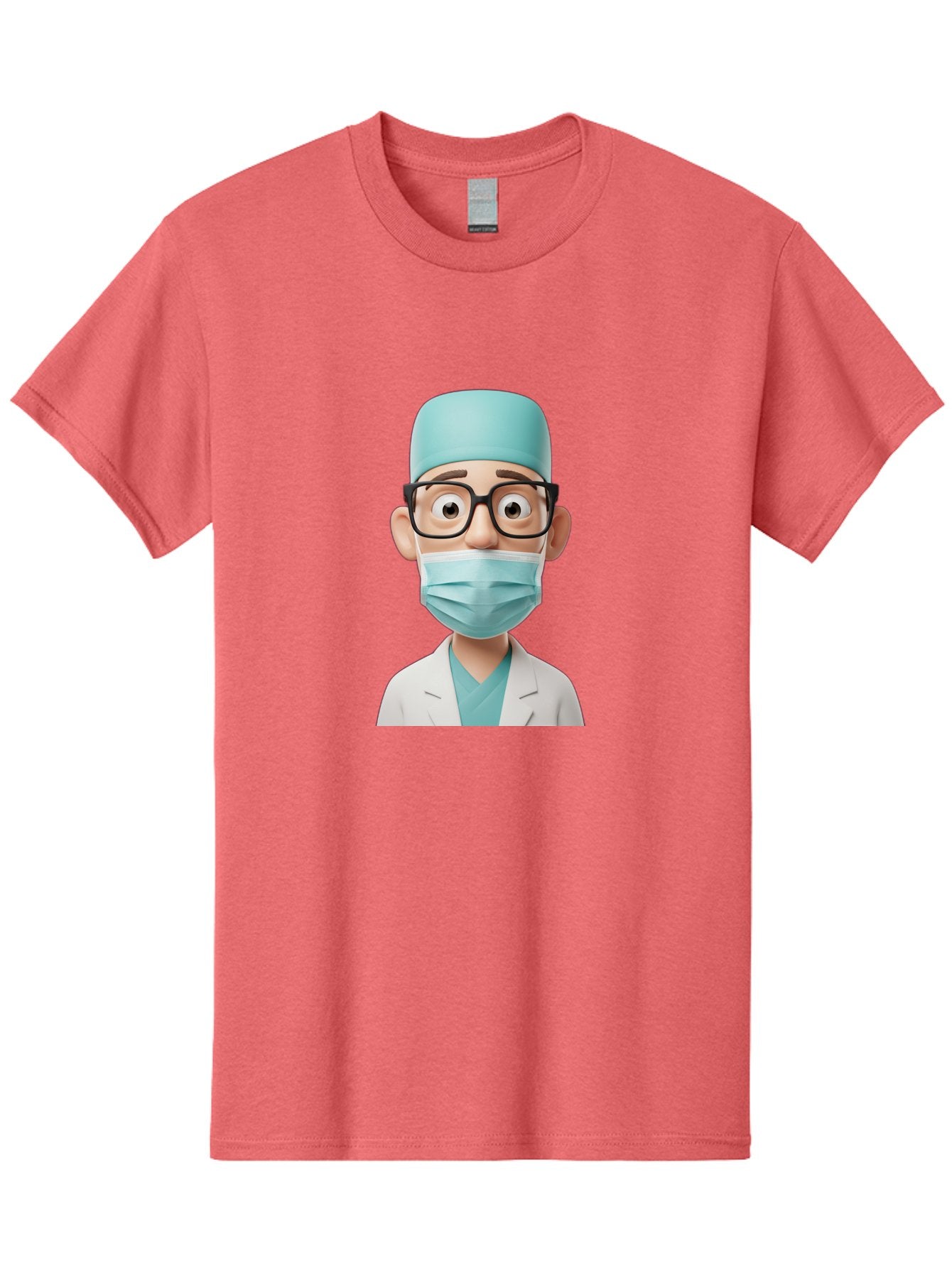 Surgeon Men'S Graphic Tee, 100% Cotton, Comfortable Casual Summer Wear, Machine Washable, Cartoon Surgeon, Medical Professional, Surgical Attire, Protective Gear, Face Mask, Glasses, Shocked Expression, White Lab Coat, Blue Scrubs Bab482 10
