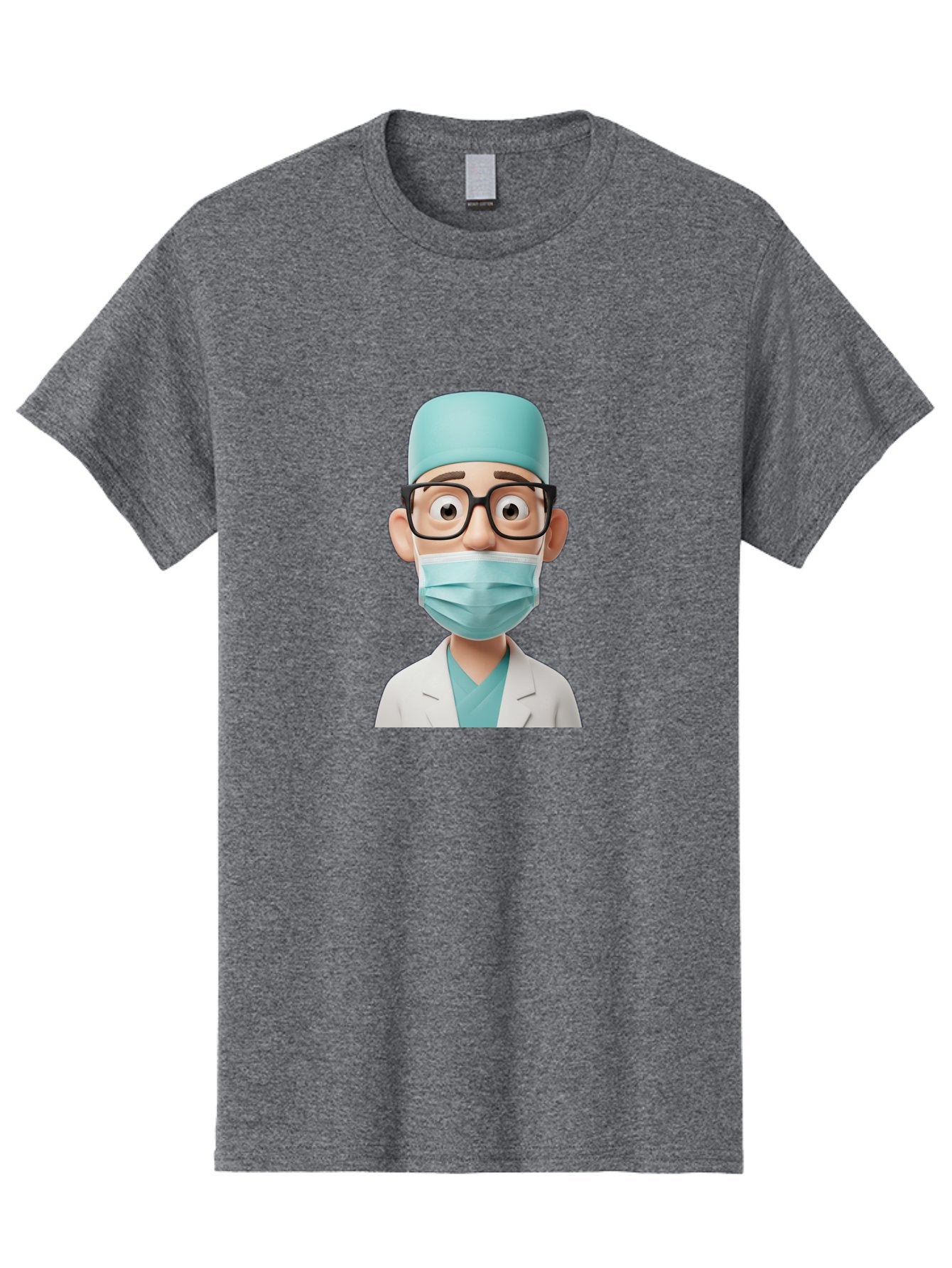 Surgeon Men'S Graphic Tee, 100% Cotton, Comfortable Casual Summer Wear, Machine Washable, Cartoon Surgeon, Medical Professional, Surgical Attire, Protective Gear, Face Mask, Glasses, Shocked Expression, White Lab Coat, Blue Scrubs Bab482 11