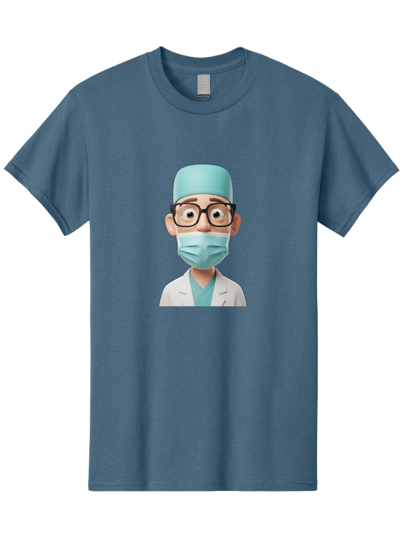 Surgeon Men'S Graphic Tee, 100% Cotton, Comfortable Casual Summer Wear, Machine Washable, Cartoon Surgeon, Medical Professional, Surgical Attire, Protective Gear, Face Mask, Glasses, Shocked Expression, White Lab Coat, Blue Scrubs Bab482 8